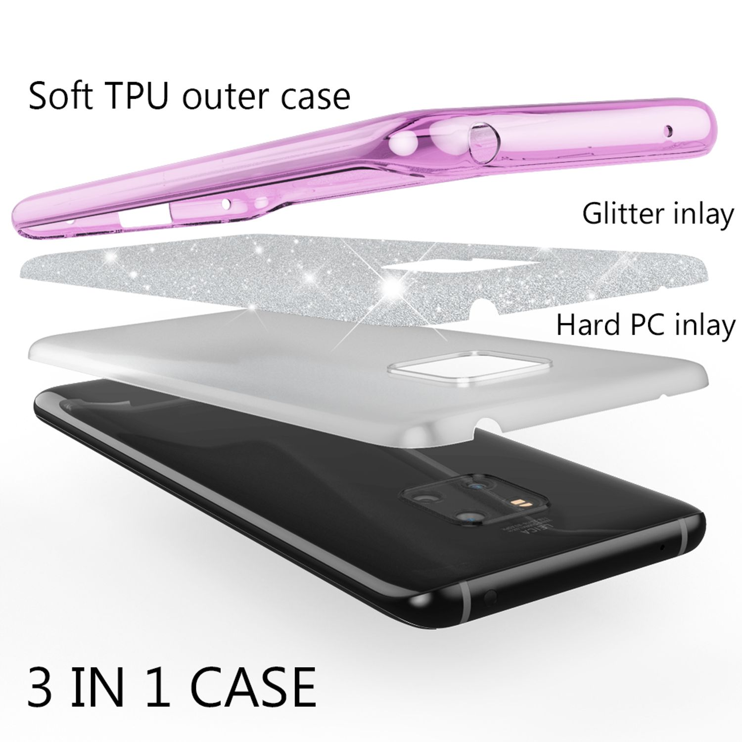 Handyhüllen-Schichten: weiche Außenschicht, Glitzer-Inlay, harte PC-Inlay und schwarzes Telefon.