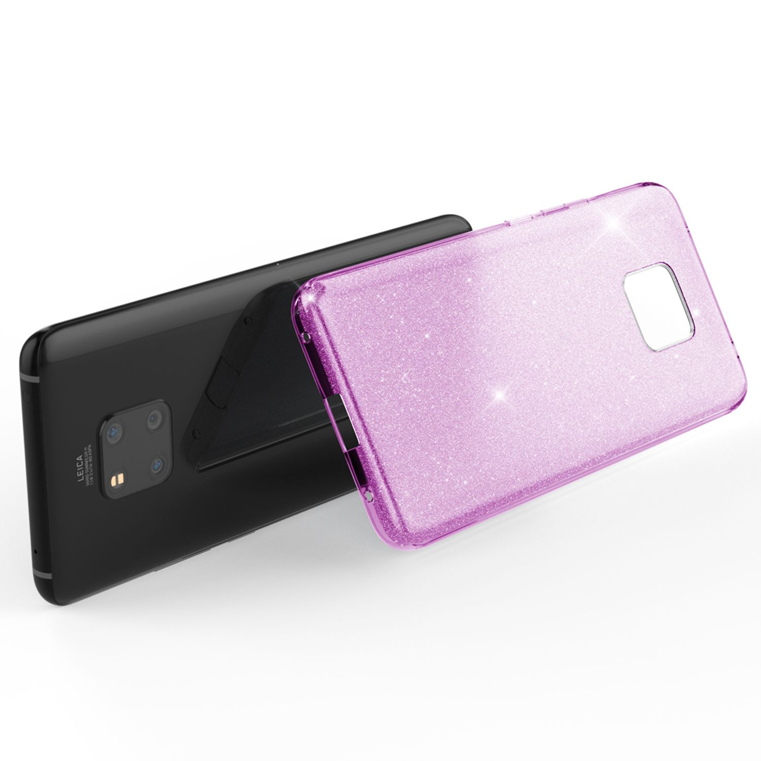 Deux téléphones. L'un est noir, l'autre rose et pailleté. Ils sont sur fond blanc.