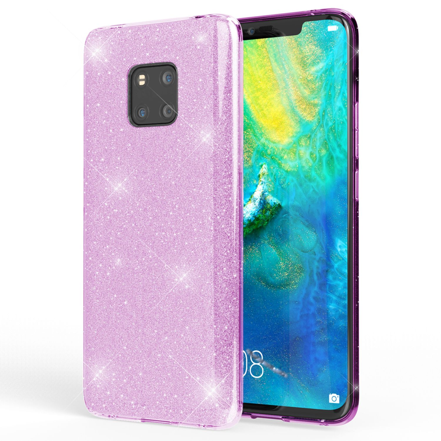 Étui de téléphone rose à paillettes avec un téléphone à l'intérieur. Le téléphone affiche un dégradé bleu et violet.