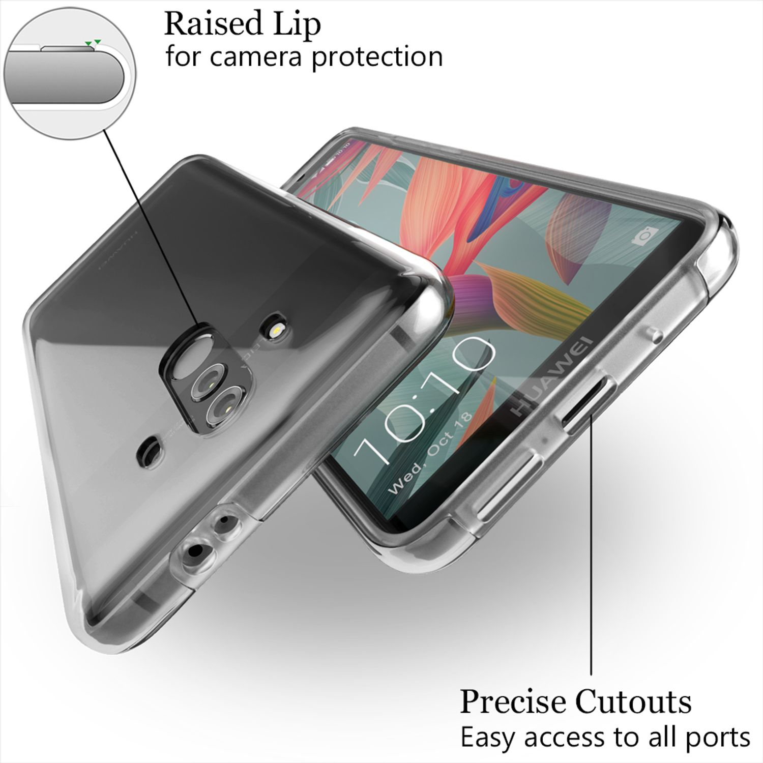 Ein Huawei-Telefon in einer transparenten Hülle mit präzisen Aussparungen. Schutz der Kamera.