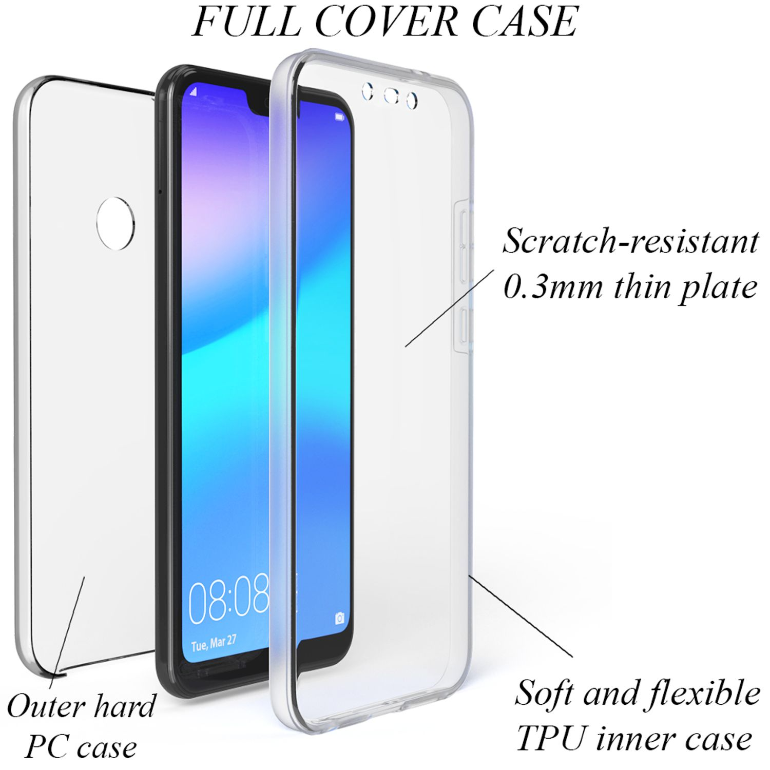 360 Backcover, P Klare (2018), NALIA Plus Smart Huawei, Transparent Grad Hülle,