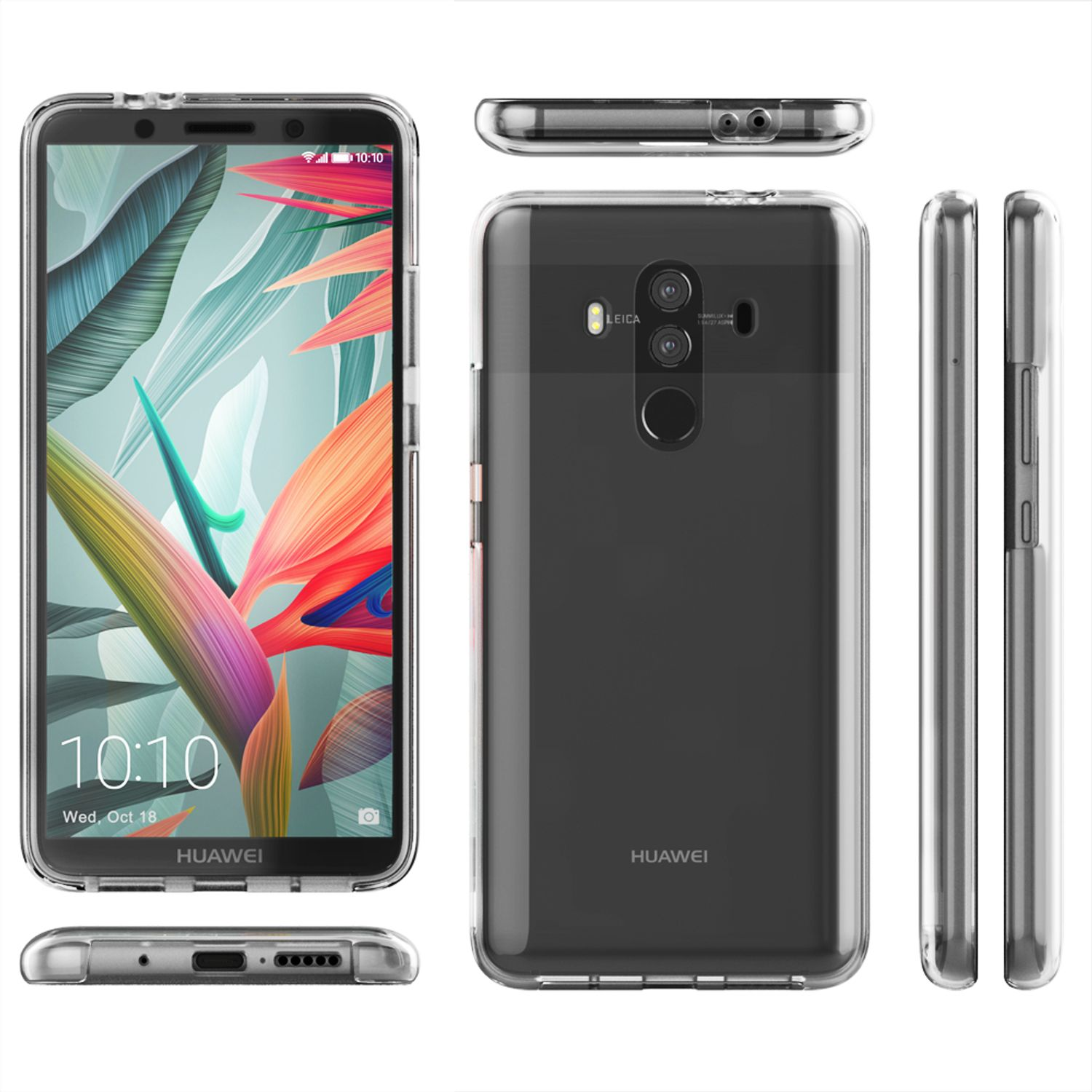Varie viste di una custodia trasparente per telefono che mostra il design e le caratteristiche del telefono.