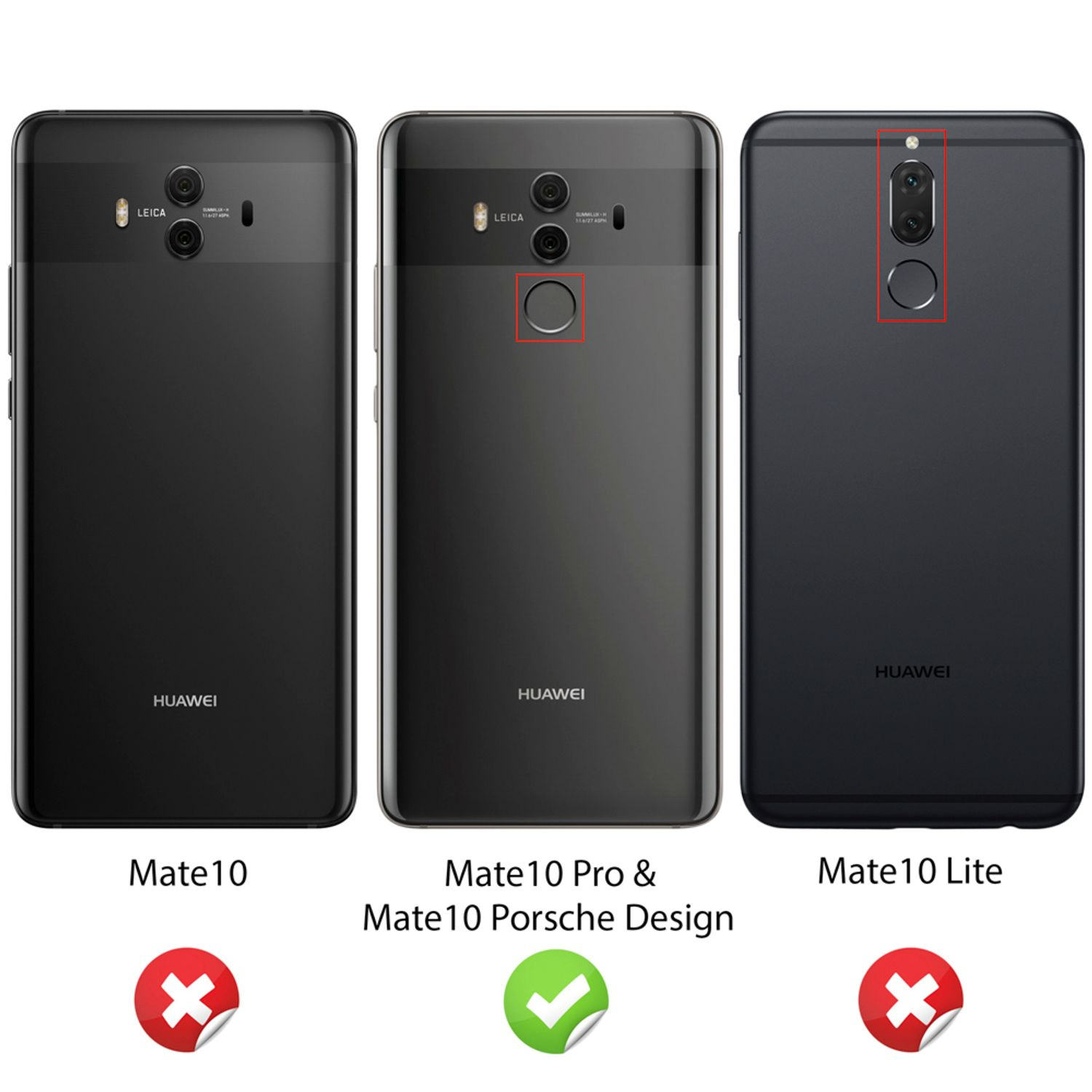 Tre telefoni Huawei neri. Il telefono centrale è il Mate10 Pro e Mate10 Porsche Design.