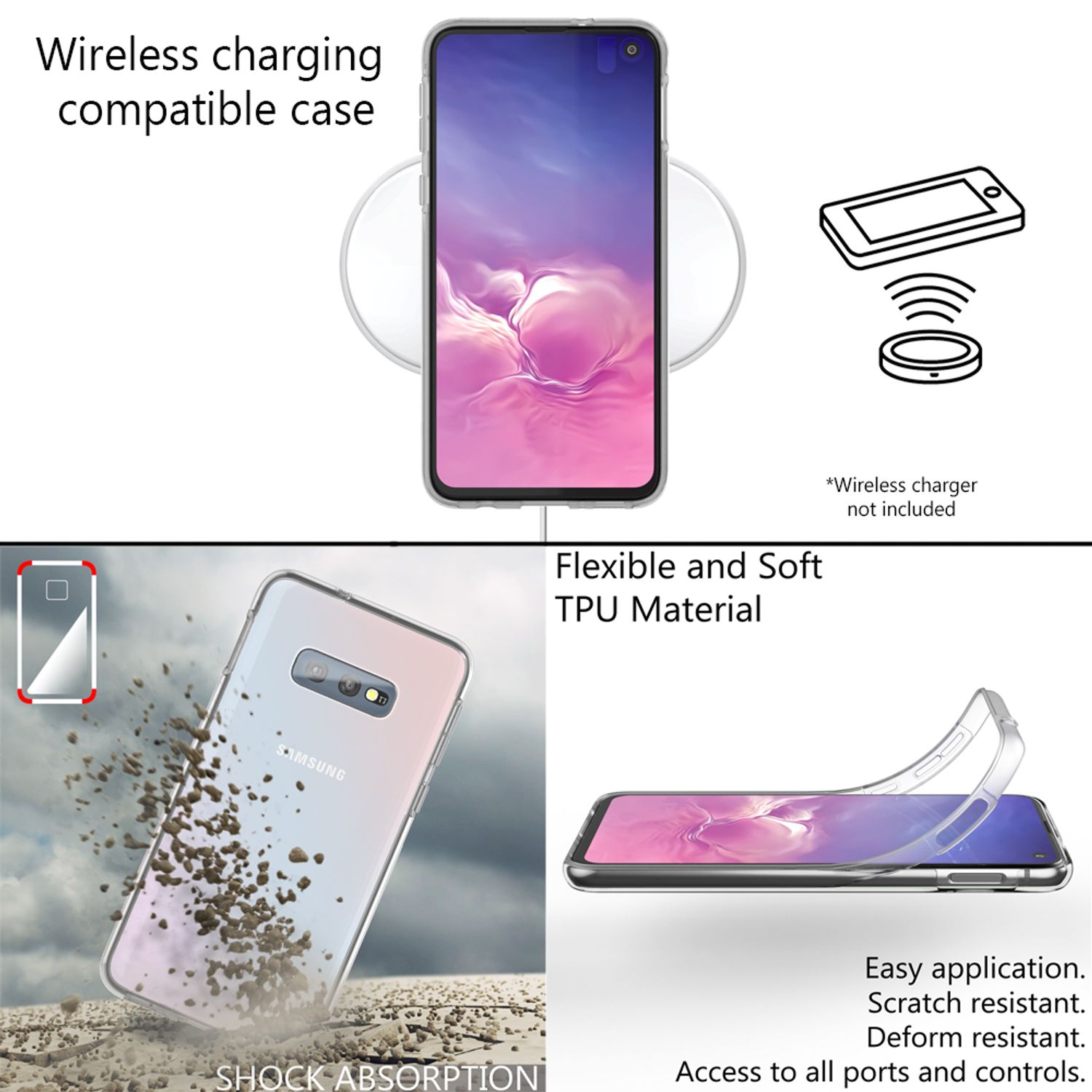Telefon mit Hülle. Merkmale: Kompatibilität mit kabellosem Laden, Stoßabsorption und flexibles TPU-Material.