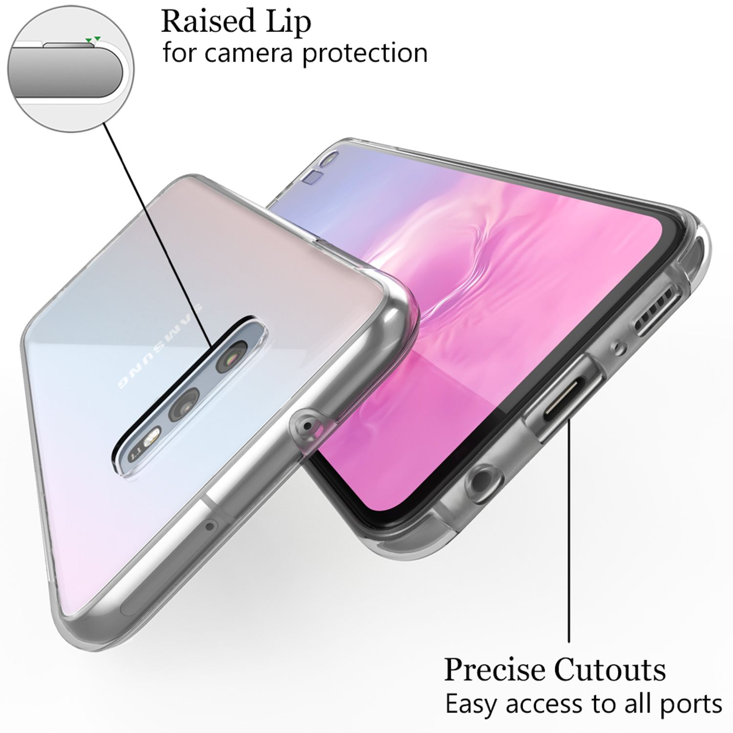 Transparente Handyhülle mit Telefon, zeigt Kameraschutz und Portzugang.