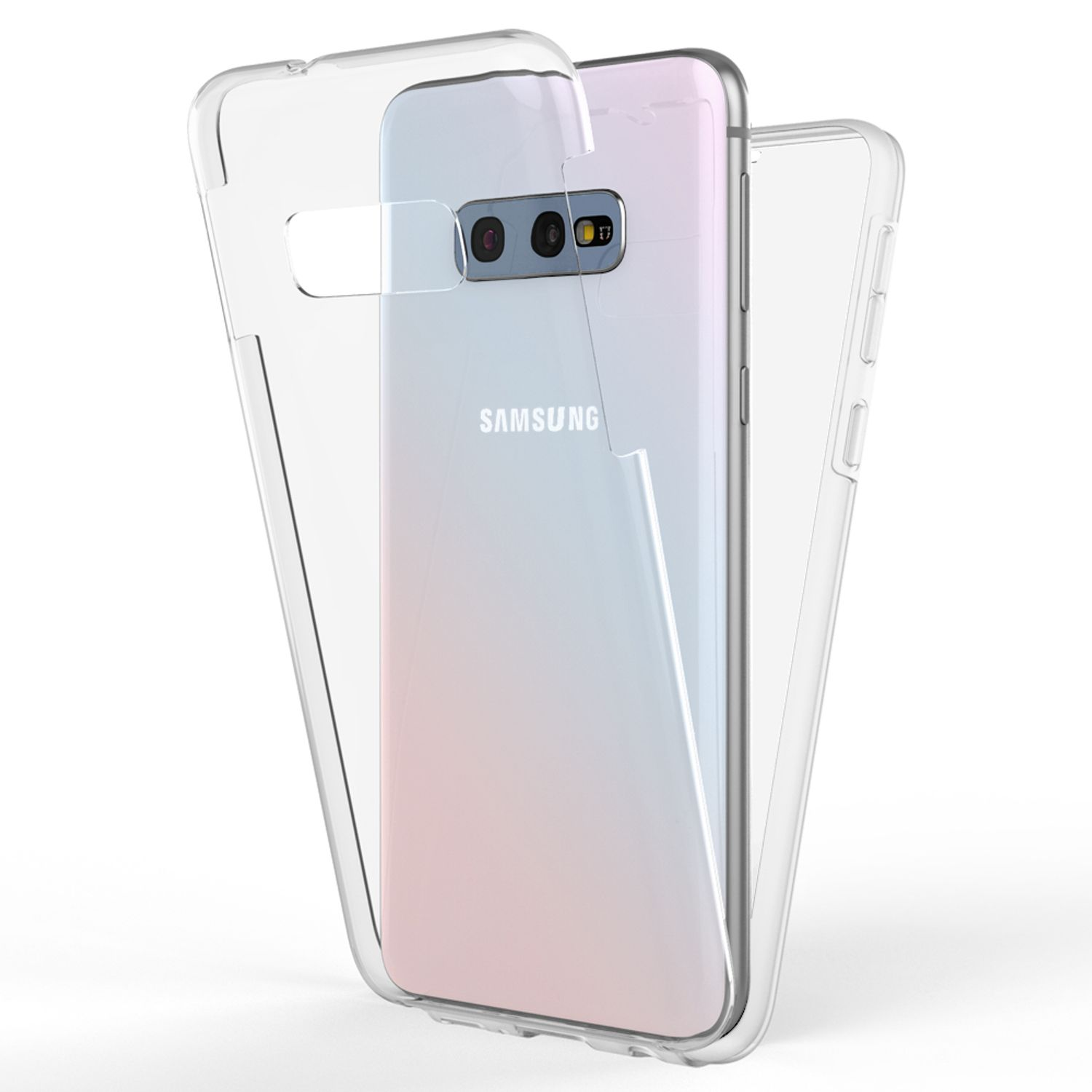 Transparente Handyhülle auf einem rosa und weißen Telefon. Hülle offen, Rückseite des Handys sichtbar. Weißer Hintergrund.