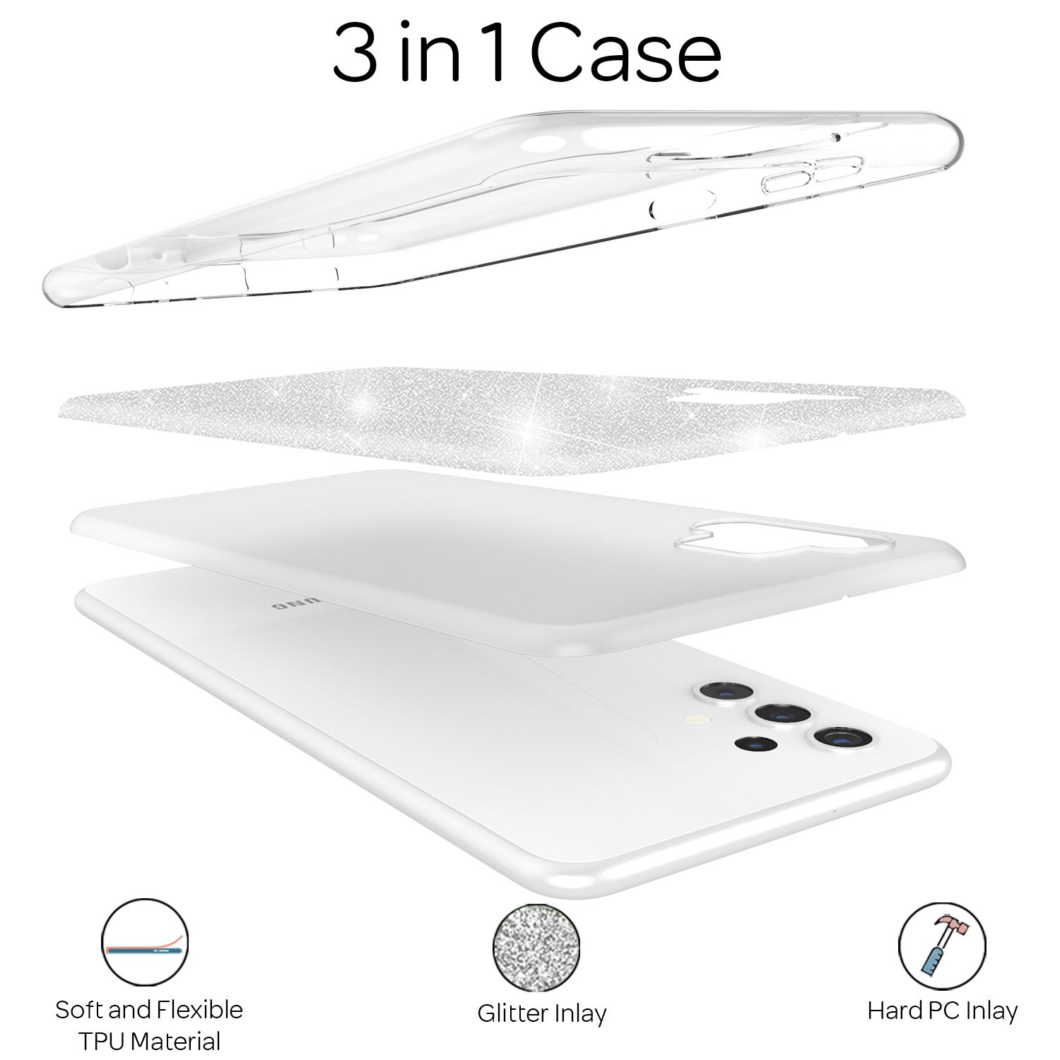 Weißes Handycase, drei Schichten. Oben klar, Mitte Glitzer, unten weiß. Text: 3 in 1 Case.