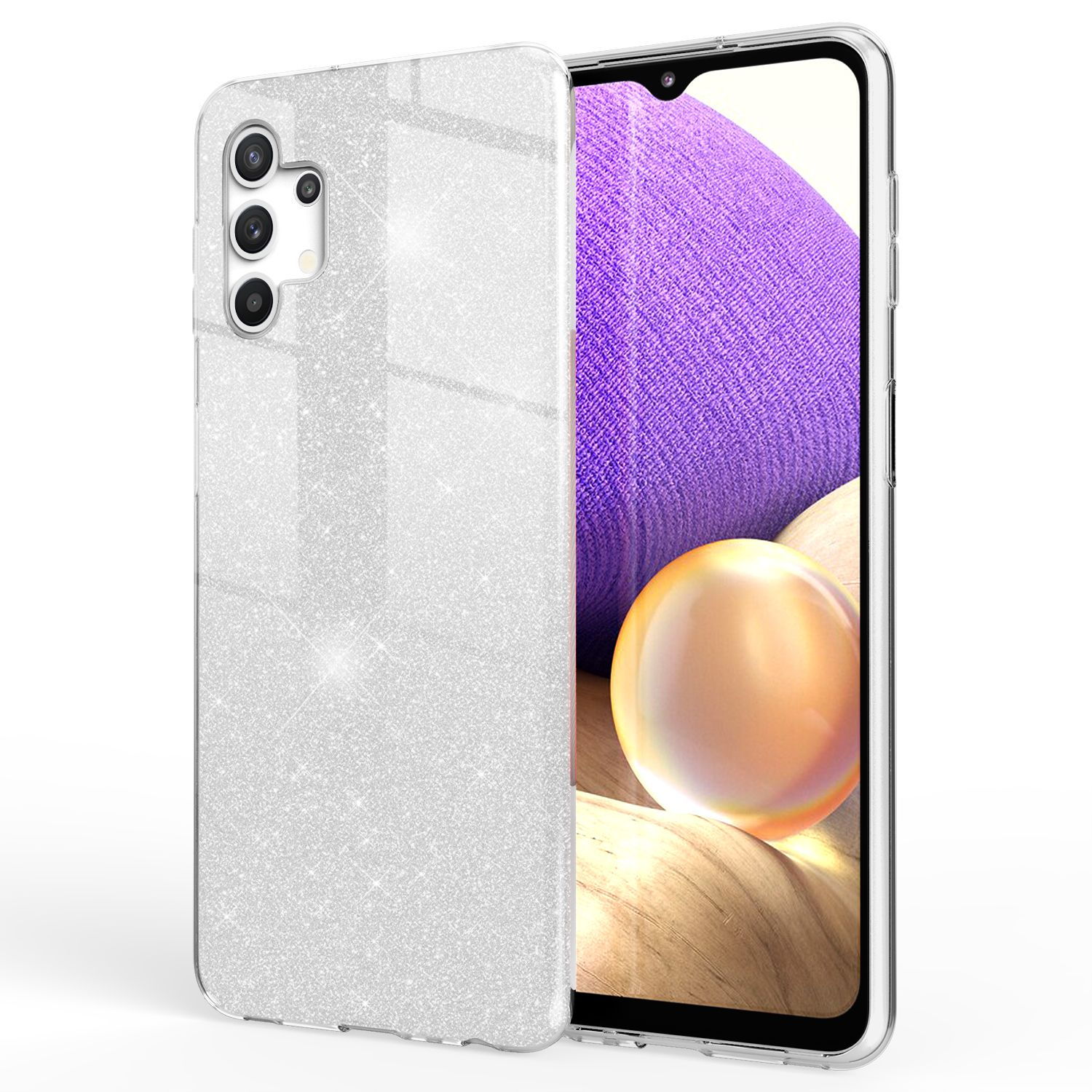 Glitzernde silberne Handyhülle mit lila Telefon auf weißem Hintergrund.