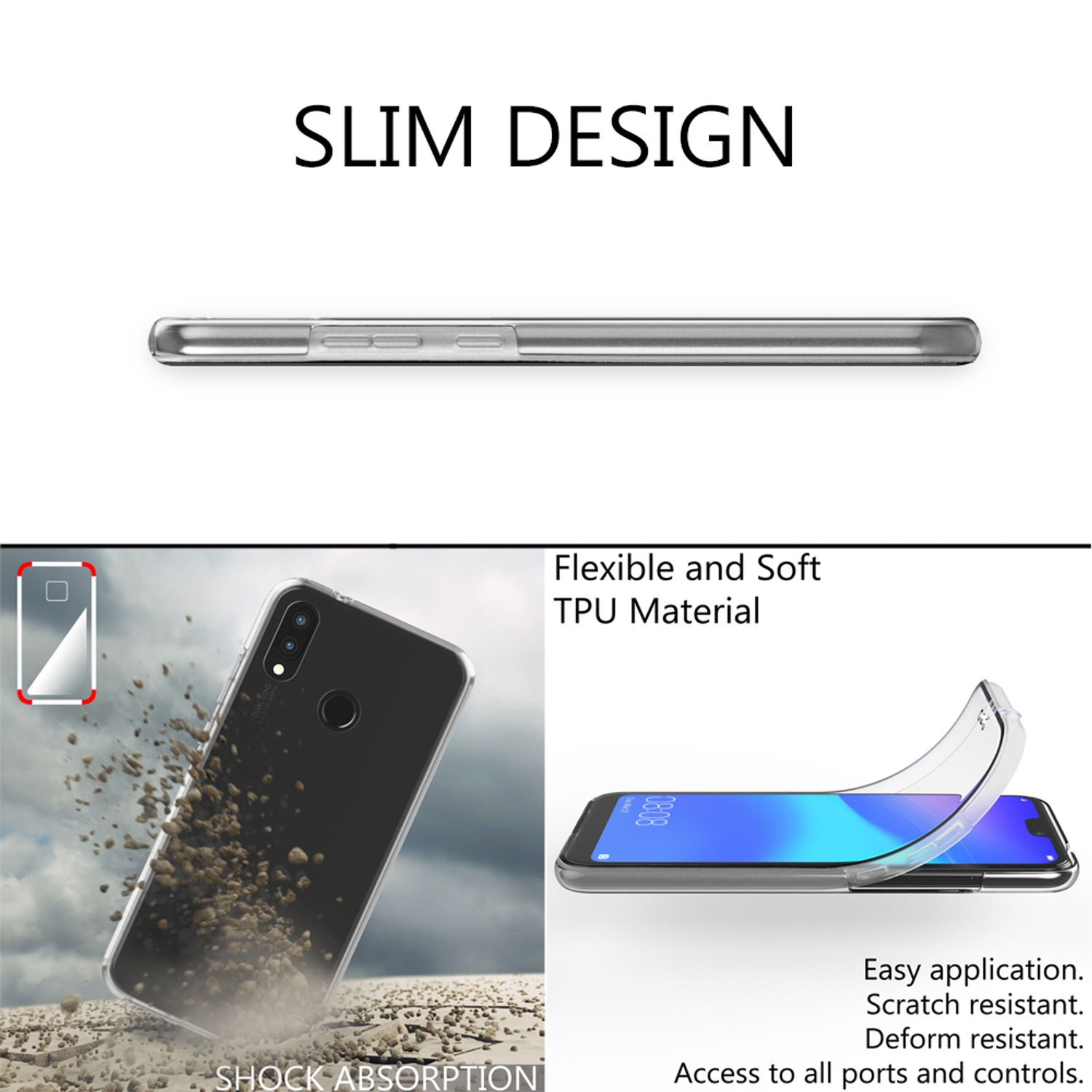 Transparente Handyhülle mit Telefon, zeigt Stoßdämpfung und flexibles, weiches TPU-Material.