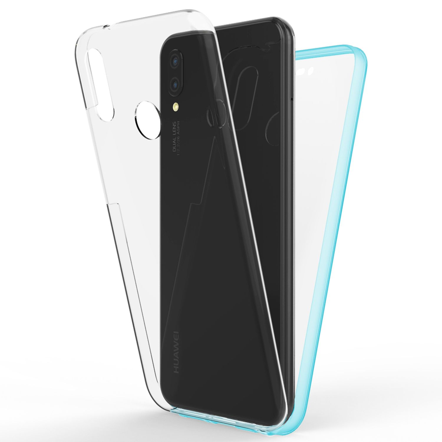 Transparente Handyhülle über schwarzem Handy, mit Kamera.