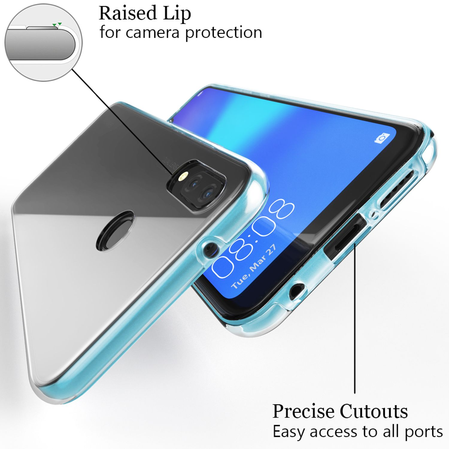 Handyhülle mit Telefon, präzise Aussparungen für Anschlüsse und erhöhte Lippe für Kameraschutz.