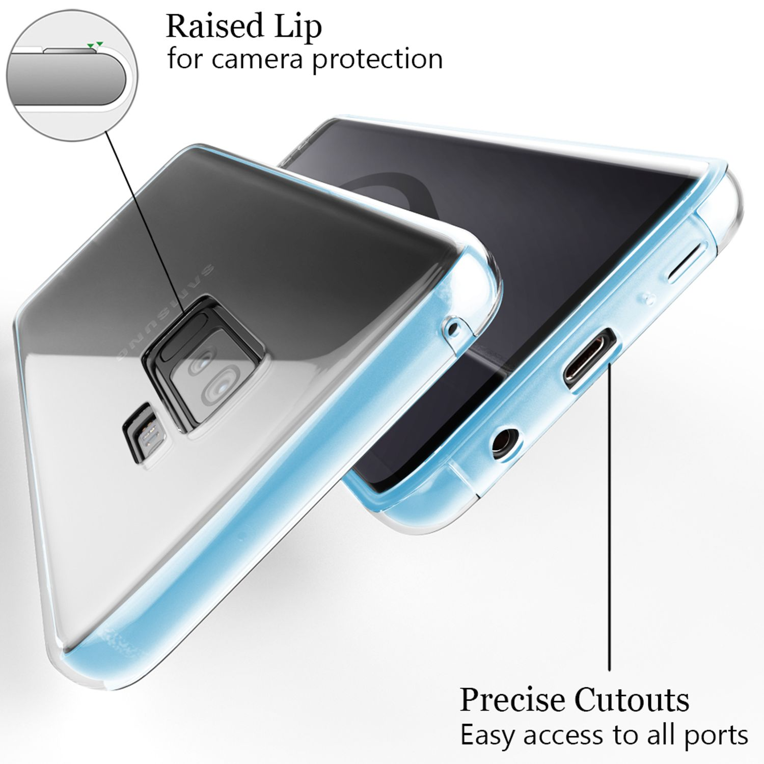 Eine transparente Handyhülle mit blauem Farbverlauf, die ein Telefon schützt. Das Telefon hat eine Kamera.