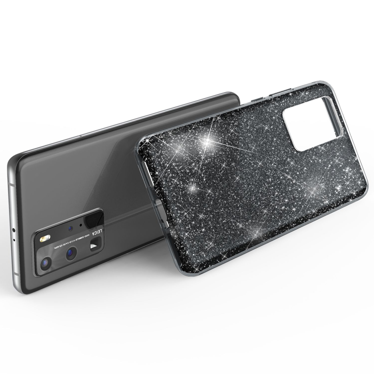Una custodia per telefono con un design glitterato e un telefono.