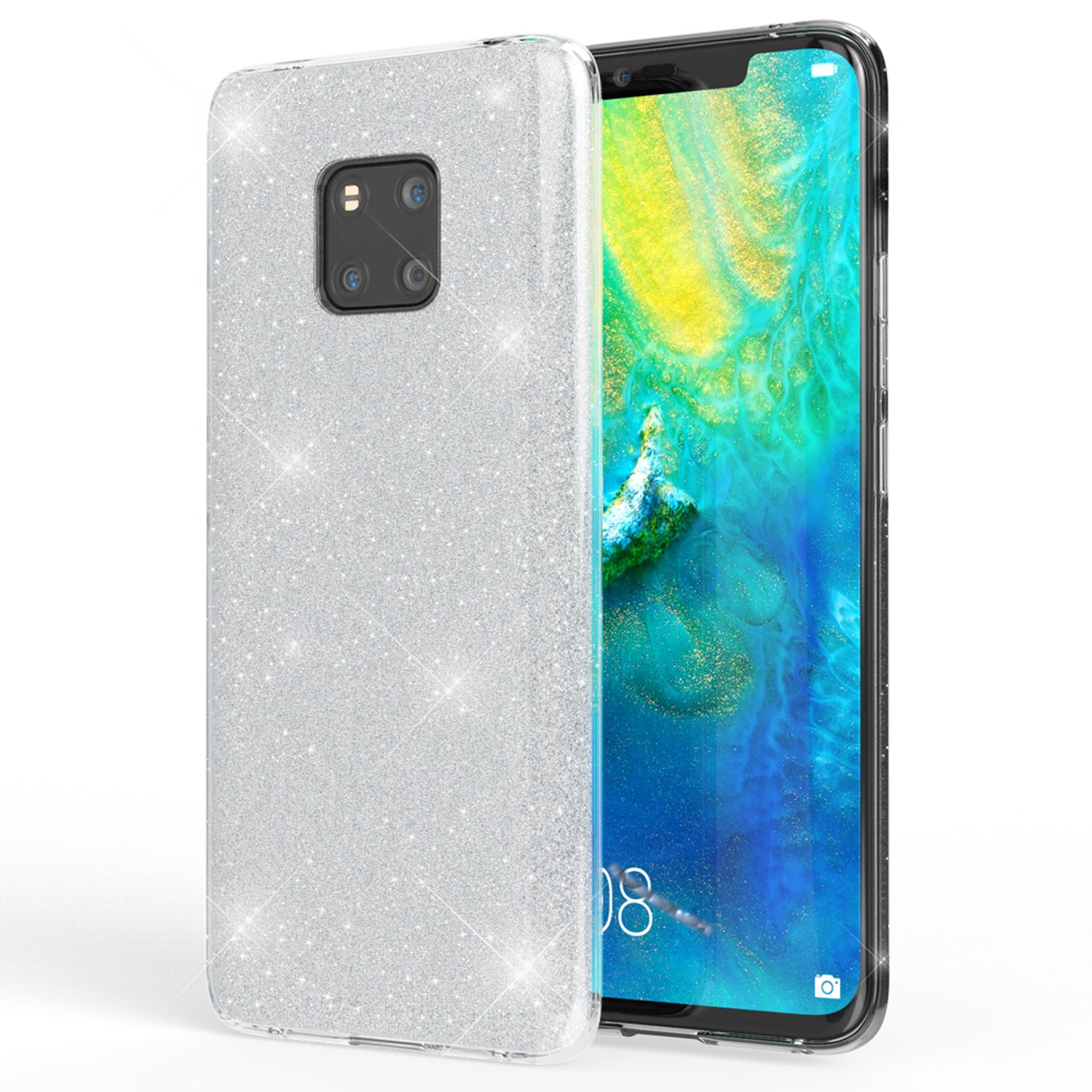 Silberne Glitzer-Handyhülle mit Telefon. Das Telefon hat eine Dual-Kamera. Weißer Hintergrund.