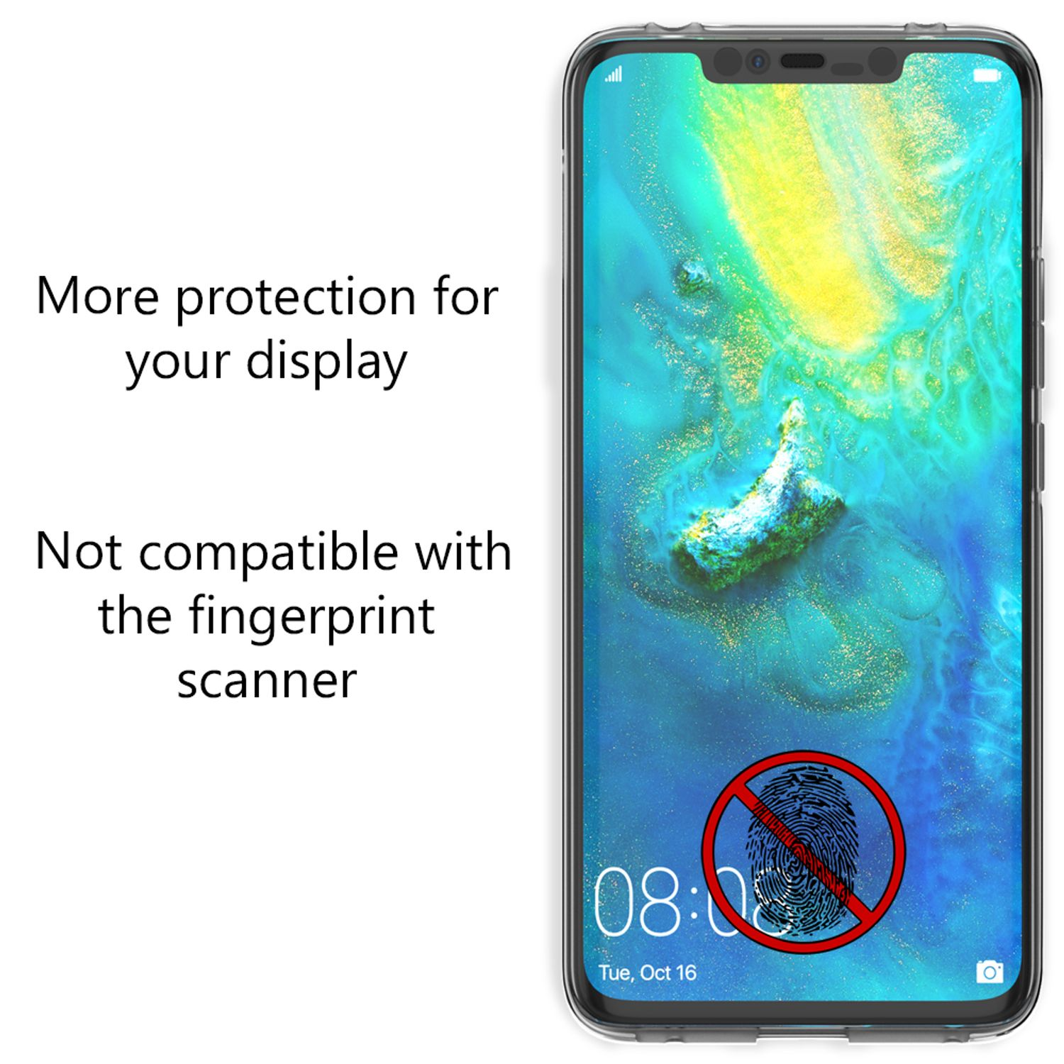 Telefono con protezione schermo, testo. Scanner di impronte digitali non compatibile. Simbolo rosso dell'impronta digitale.