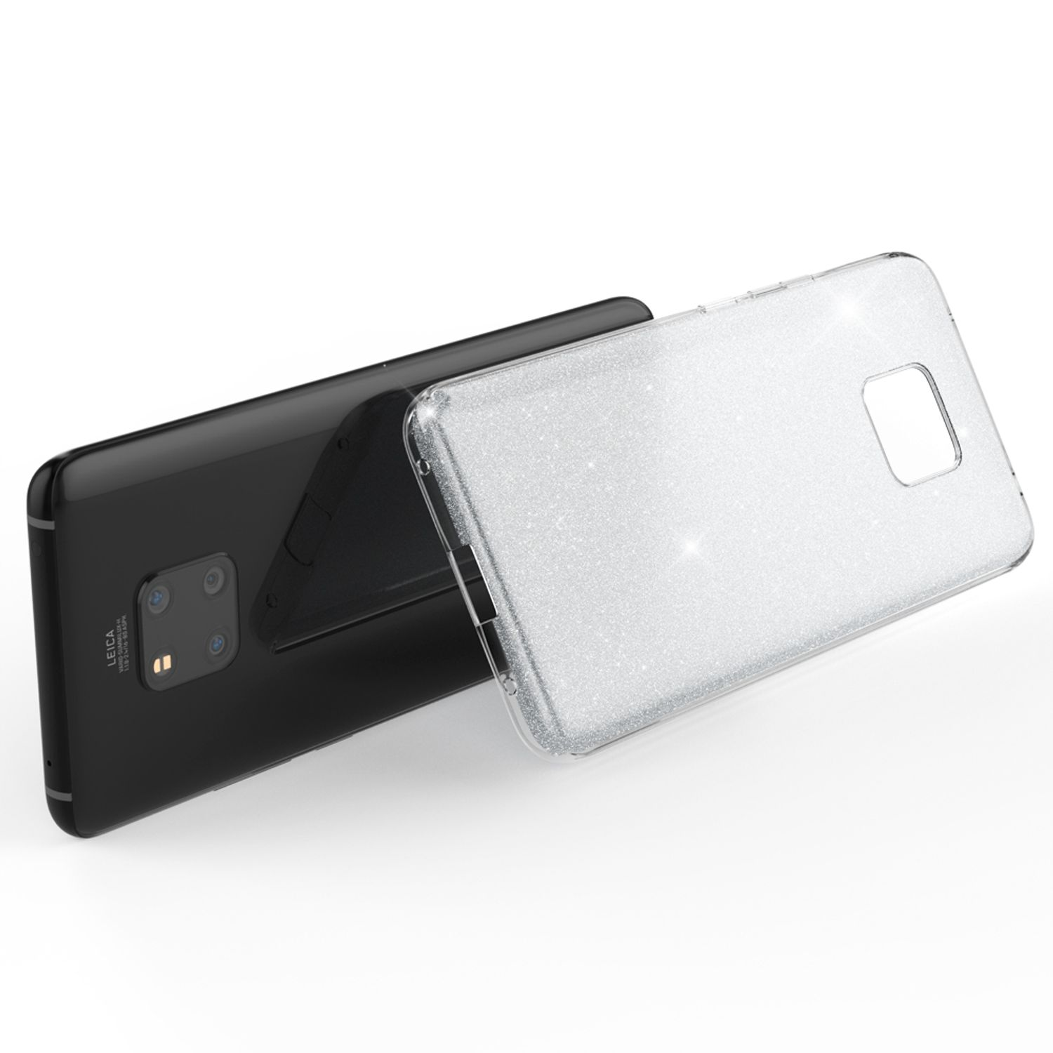 Ein schwarzes Telefon und eine silberne Glitzerhülle. Die Hülle lehnt am Telefon.
