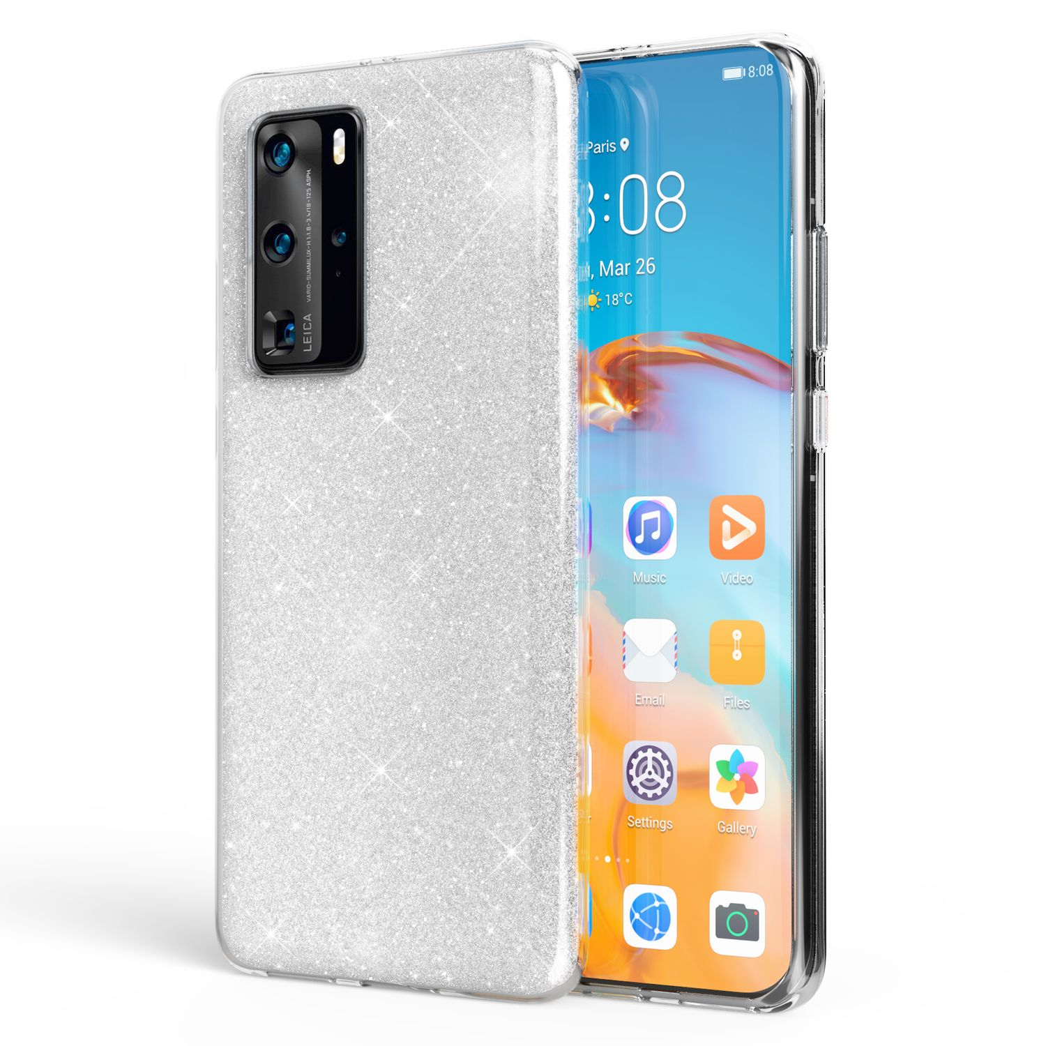 Custodia argentata con glitter con un telefono, che mostra lo schermo.