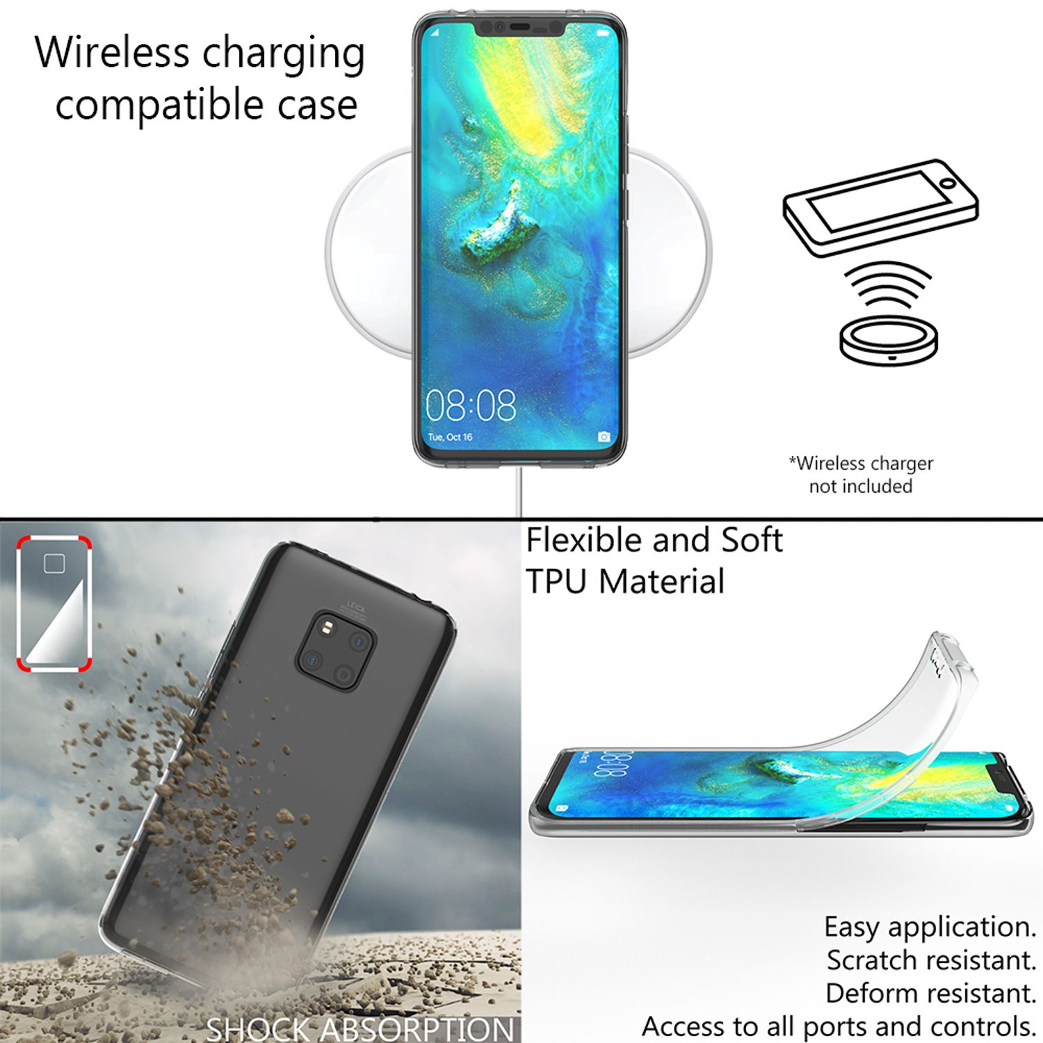 Telefon auf kabellosem Ladegerät, mit Hülle und Diagramm der Hülle. Text: Kompatible Hülle zum kabellosen Laden.