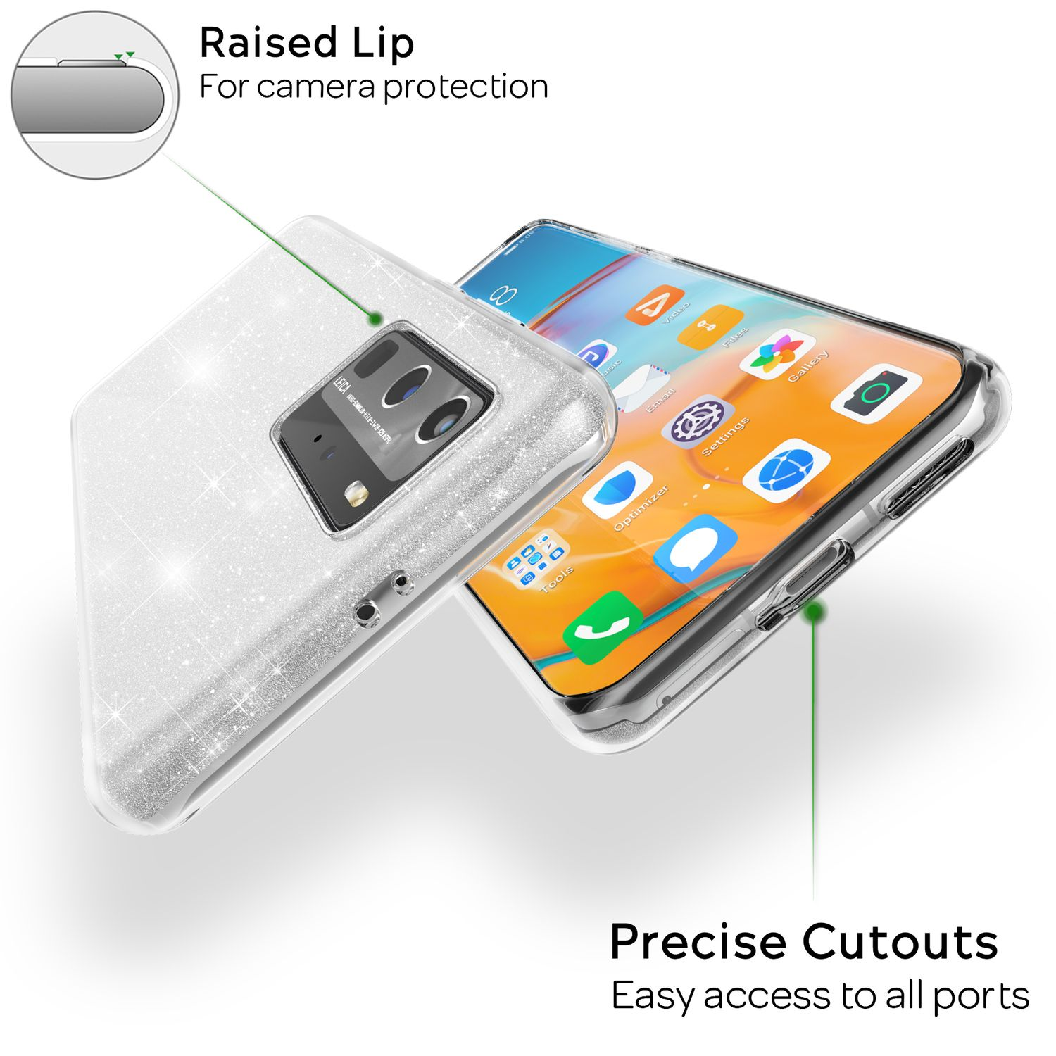 Eine Handyhülle mit einem Telefon darin. Zeigt Kameraschutz und präzise Aussparungen.