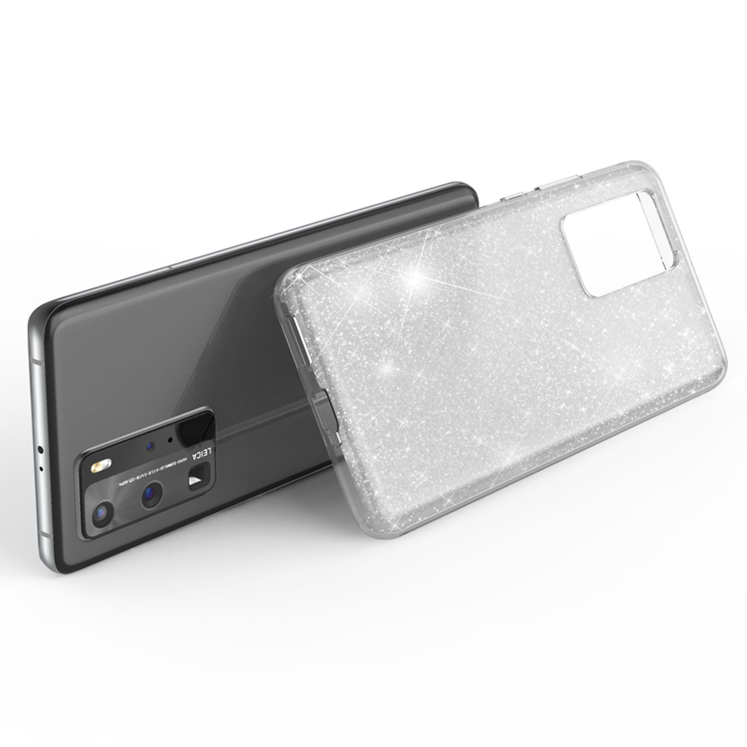 Ein silbernes Telefon liegt neben einer glitzernden silbernen Handyhülle. Das Telefon hat drei Kameras.