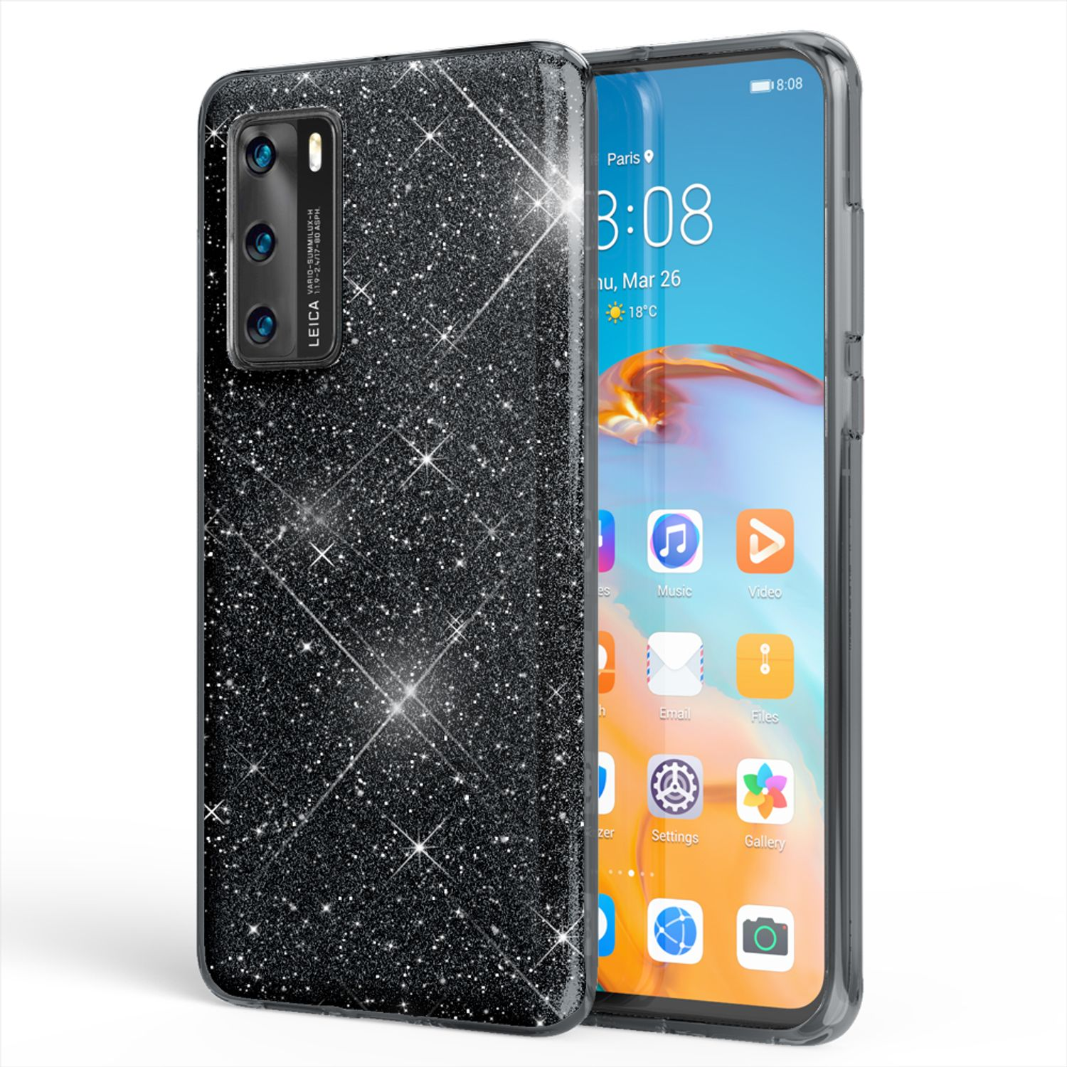 Schwarze Handyhülle mit Glitzer auf der Rückseite, Telefon innen. Bildschirm, Apps und Kamera sichtbar.