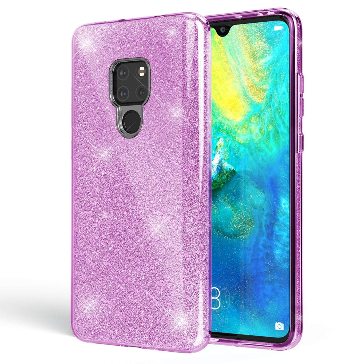 Une coque de téléphone rose à paillettes est affichée, avec téléphone et caméra. L'écran est visible.