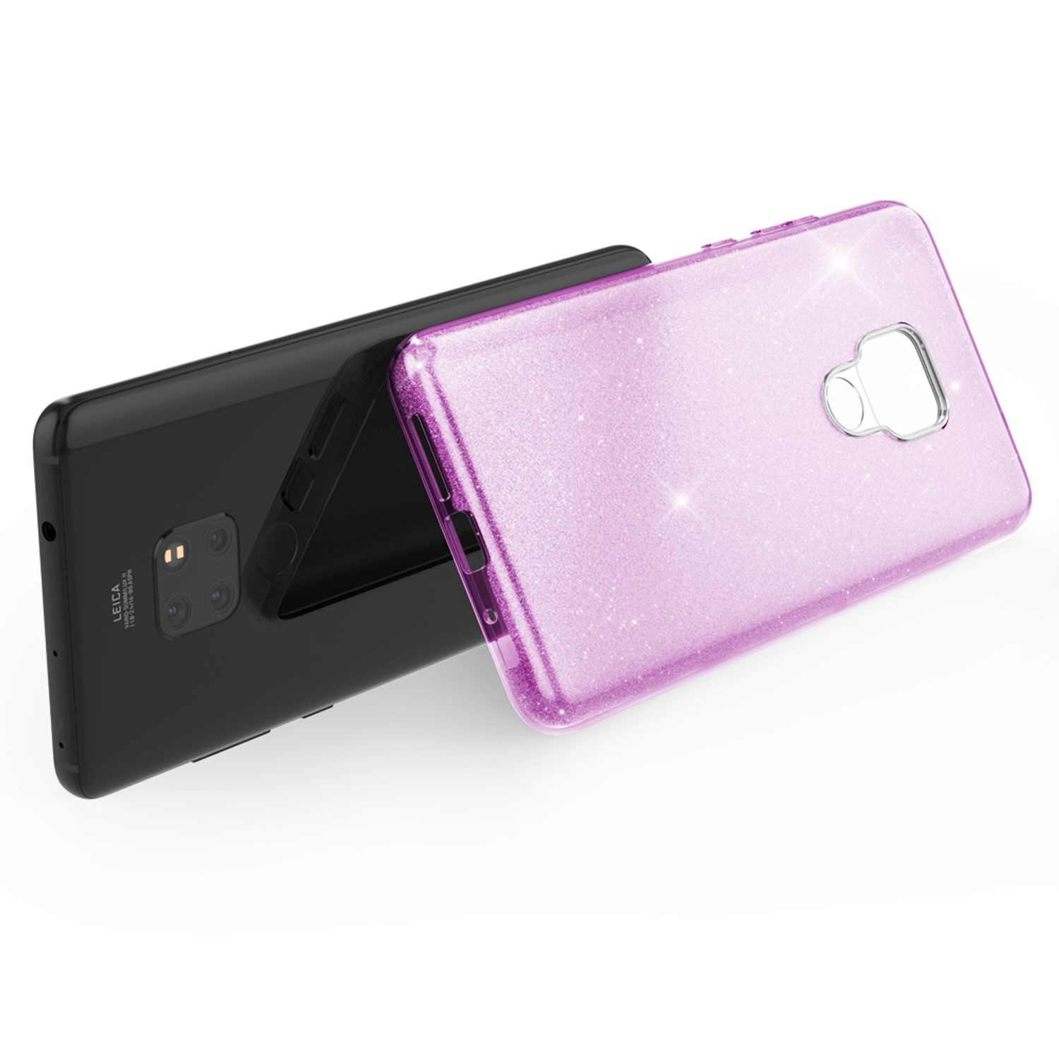 Deux téléphones, un noir, un avec une coque rose scintillante, légèrement inclinés. Appareil photo Leica visible.