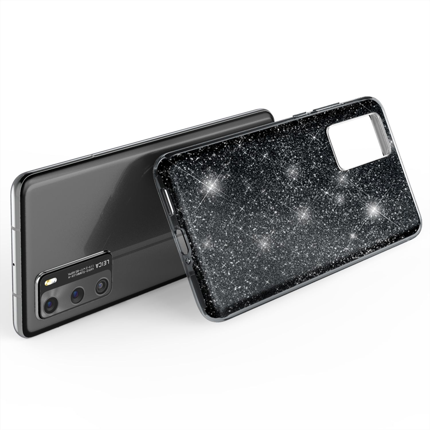 Schwarzes Telefon mit glitzernder Hülle. Das Telefon ist angewinkelt und reflektiert Licht.