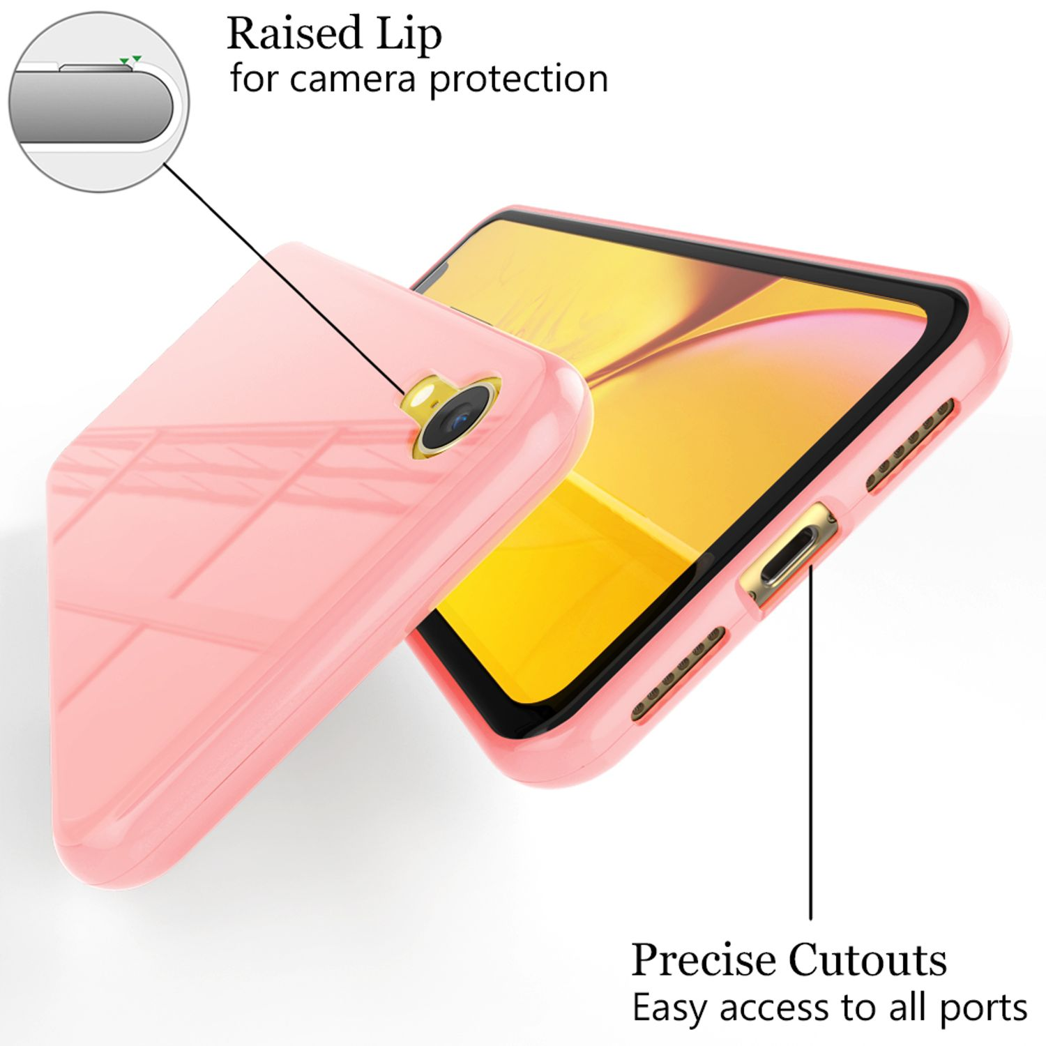 Rosa Handyhülle auf einem Telefon. Die Hülle hat einen erhöhten Rand für die Kamera und Aussparungen für Anschlüsse.