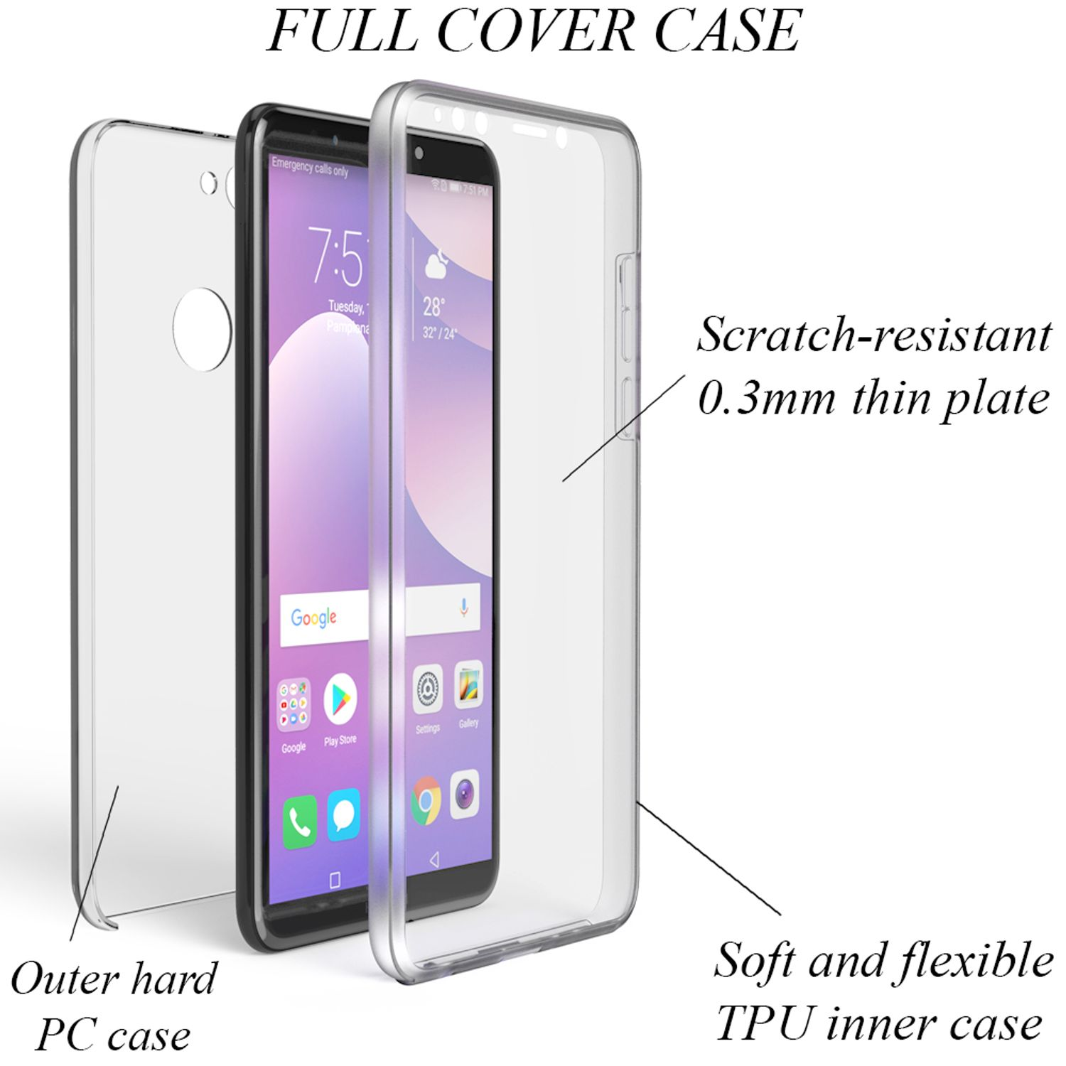 Transparent Klare NALIA 360 Huawei, Y7 Backcover, Hülle, (2018), Grad