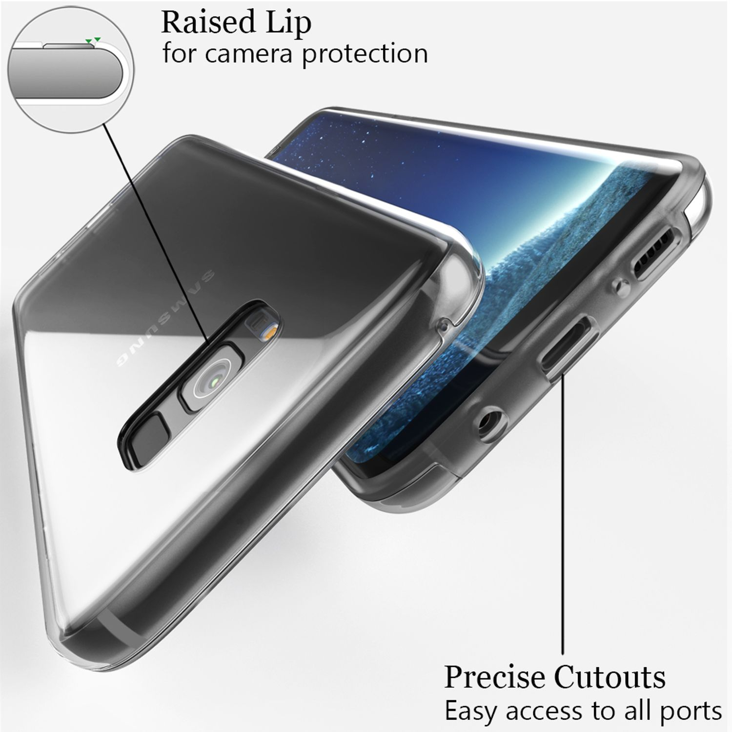 Telefon in einer durchsichtigen Hülle. Hülle hat erhöhte Lippe zum Schutz der Kamera und präzise Aussparungen.