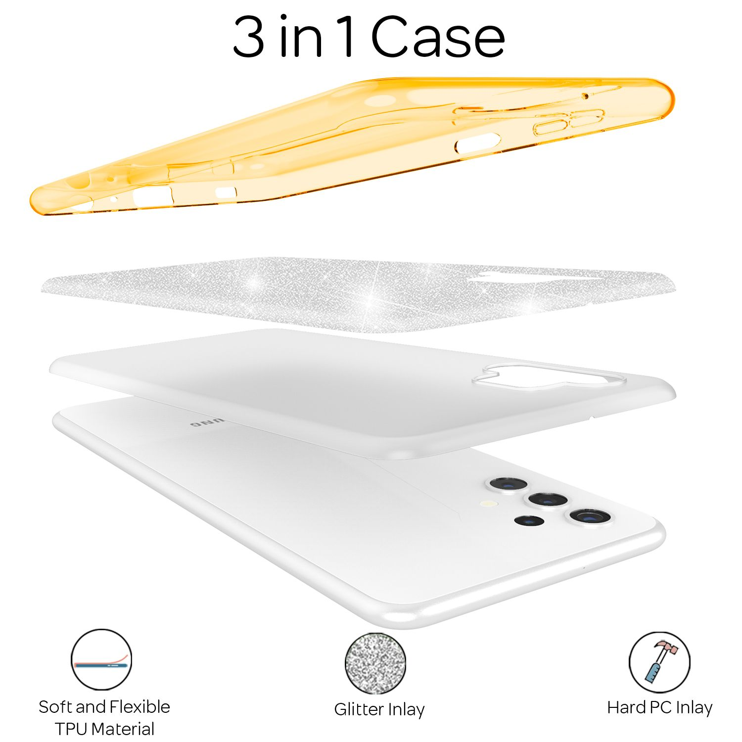 Handyhüllen-Schichten: gelbe Oberseite, Glitzer-Inlay, Telefon und Hart-PC-Inlay. Merkmale sind weiches Material.