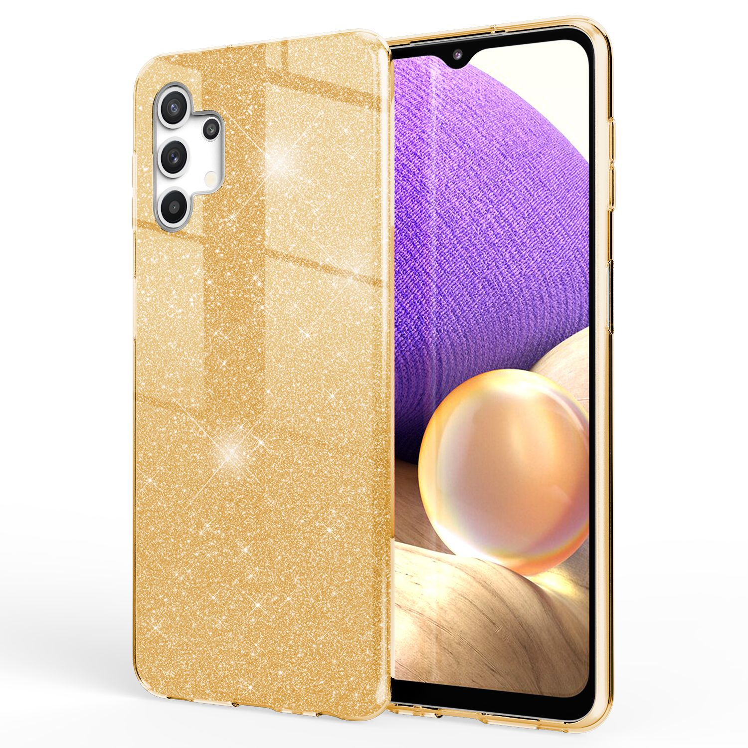 Goldene Glitzer-Handyhülle auf goldenem Telefon. Das Telefon liegt auf einer weißen Oberfläche. Die Hülle funkelt.