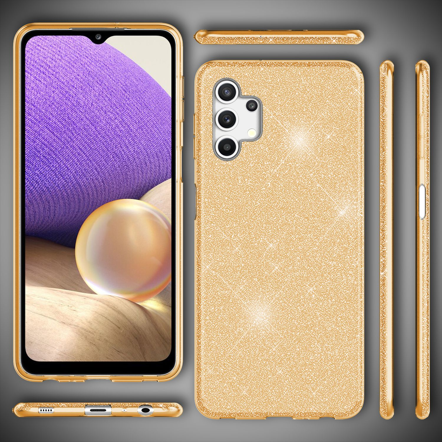 Goldene Handyhülle mit Telefon innen.  Mehrere Winkel, Gold- und Glitzerdetails. Lila und goldfarbener Bildschirm.