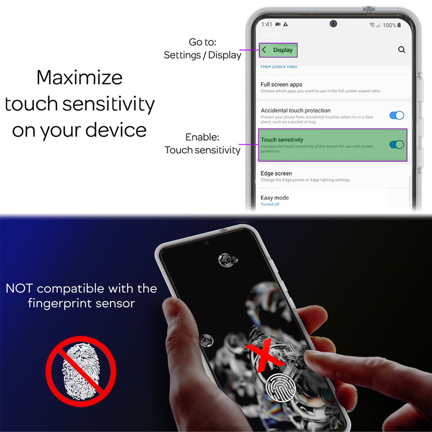 Lo schermo del telefono mostra le impostazioni di sensibilità al tocco. Icona dell'impronta digitale rossa con testo 'Non compatibile'.