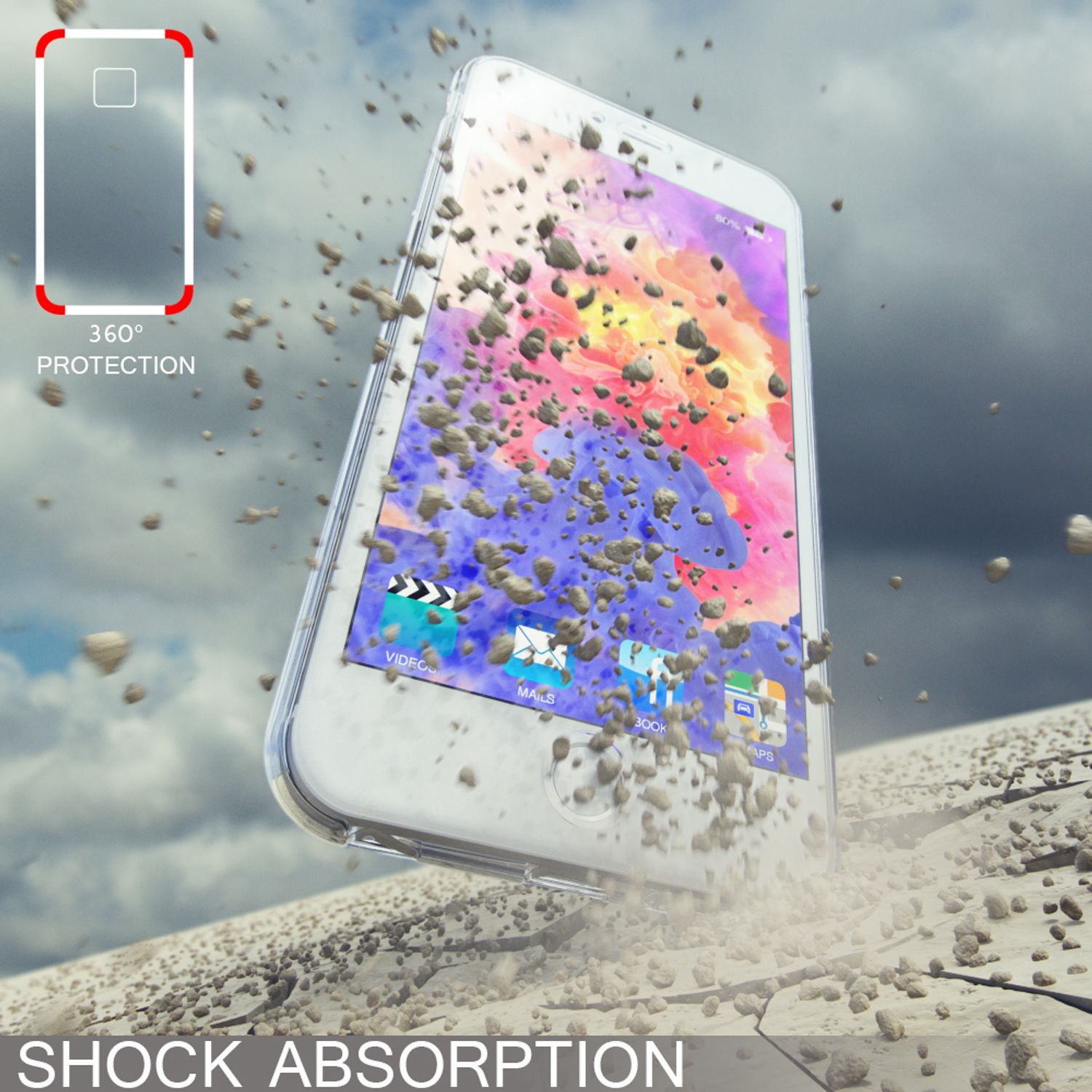 Ein Telefon in einer durchsichtigen Hülle mit Text: Stoßdämpfung, 360° Schutz. Steine fallen um das Telefon.
