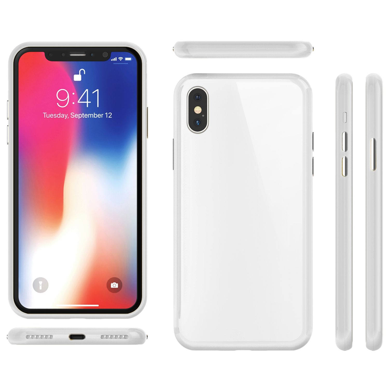 Ein weißes Telefon mit Hülle. Mehrere Ansichten des Telefons und der Hülle werden gezeigt.