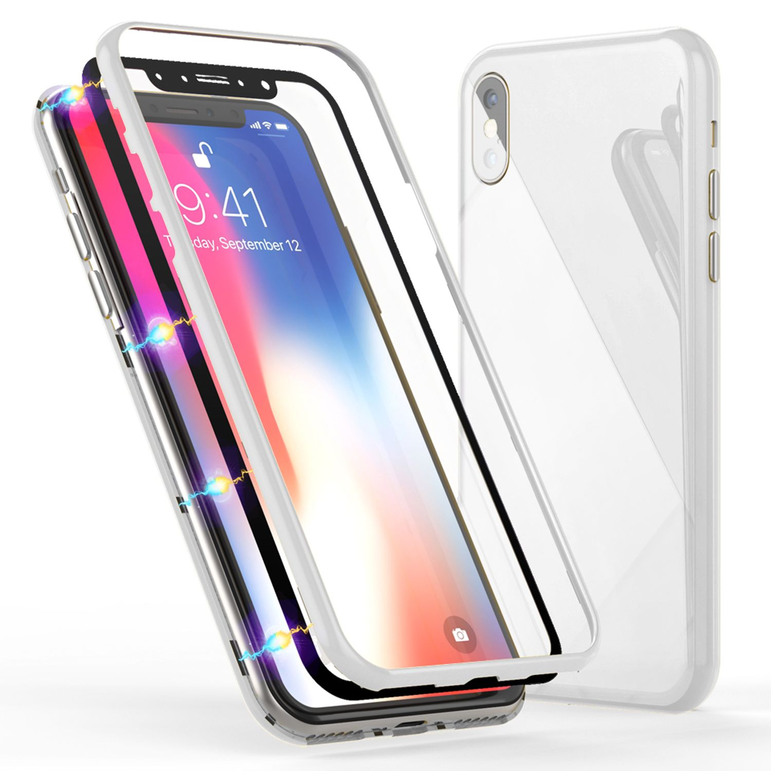 Weiße Handyhülle mit Telefon darin. Die Hülle ist transparent, und das Telefon hat einen bunten Bildschirm.