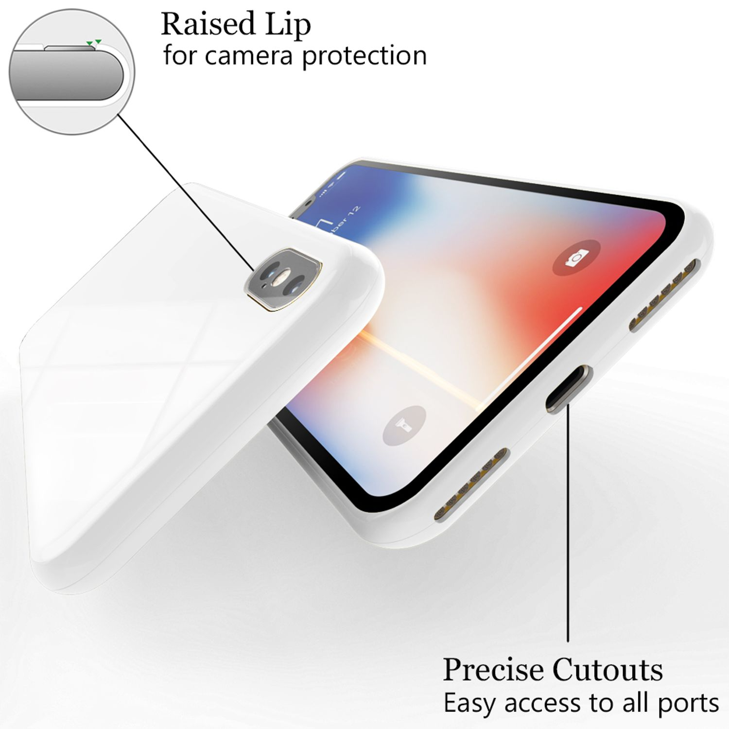 Eine weiße Handyhülle mit einem Telefon darin. Die Hülle hat eine erhöhte Lippe zum Schutz der Kamera und präzise Aussparungen.