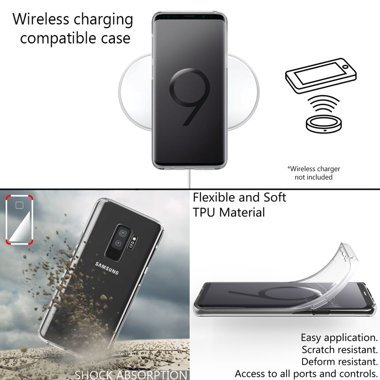 Telefon mit kabellosem Ladegerät, transparente Handyhülle mit Telefon und Telefon am Boden.