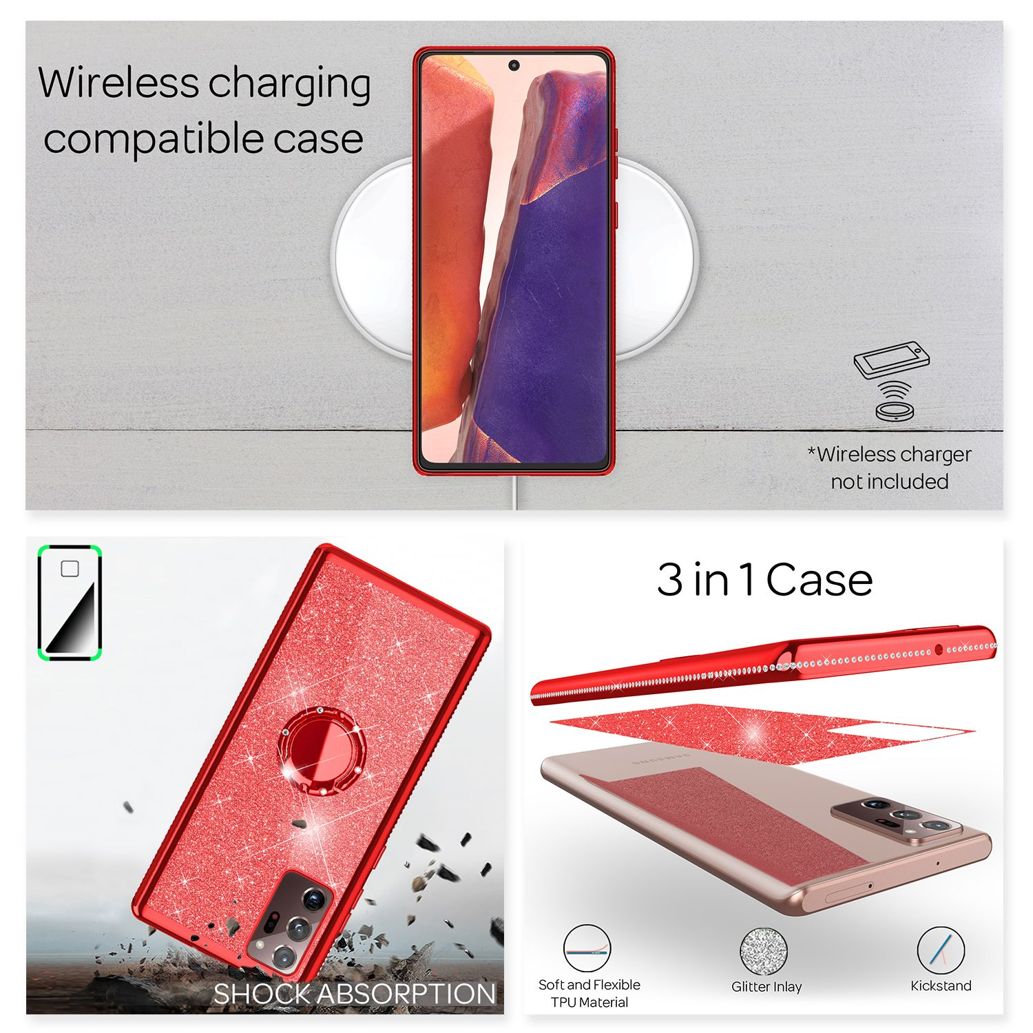 Hülle, Ultra, Samsung, 20 Glitzer Ring Backcover, Silikon NALIA Galaxy Note Rot