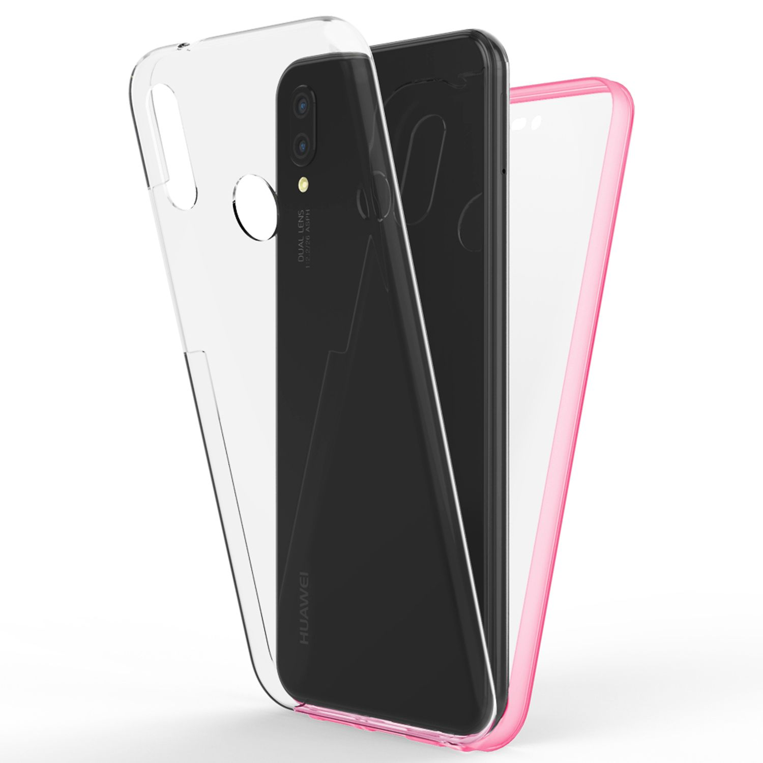 Transparente Handyhülle mit Telefon innen. Rosa Rand. Weißer Hintergrund.