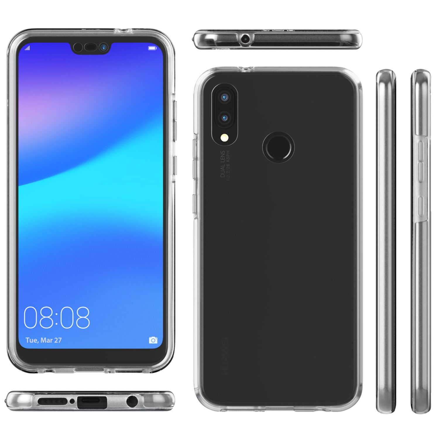 Smartphone mit Hülle, verschiedene Ansichten zeigen das Telefon mit zwei Kameras.