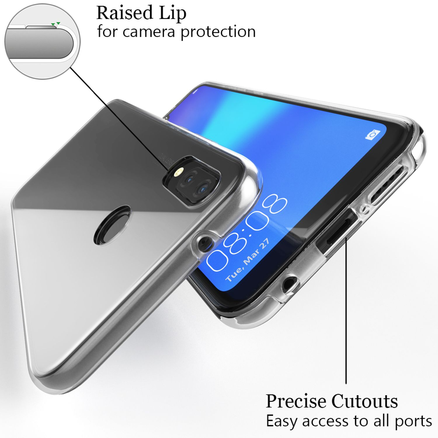 Ein Telefon in einer transparenten Hülle. Die Hülle hat eine erhöhte Lippe zum Schutz der Kamera und einfachen Zugang zu den Anschlüssen.