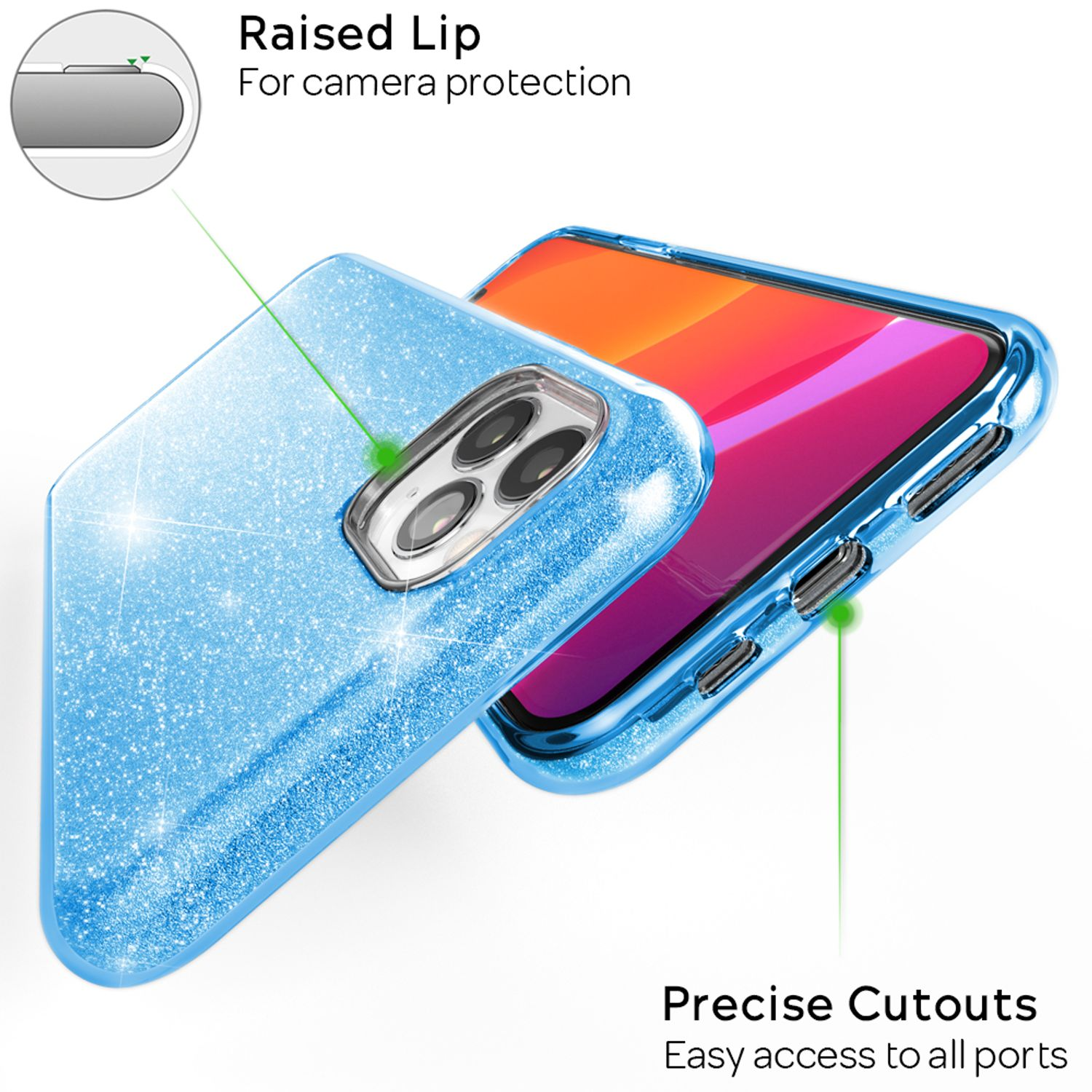 Funda azul con purpurina, teléfono dentro, con protección de cámara y recortes precisos.