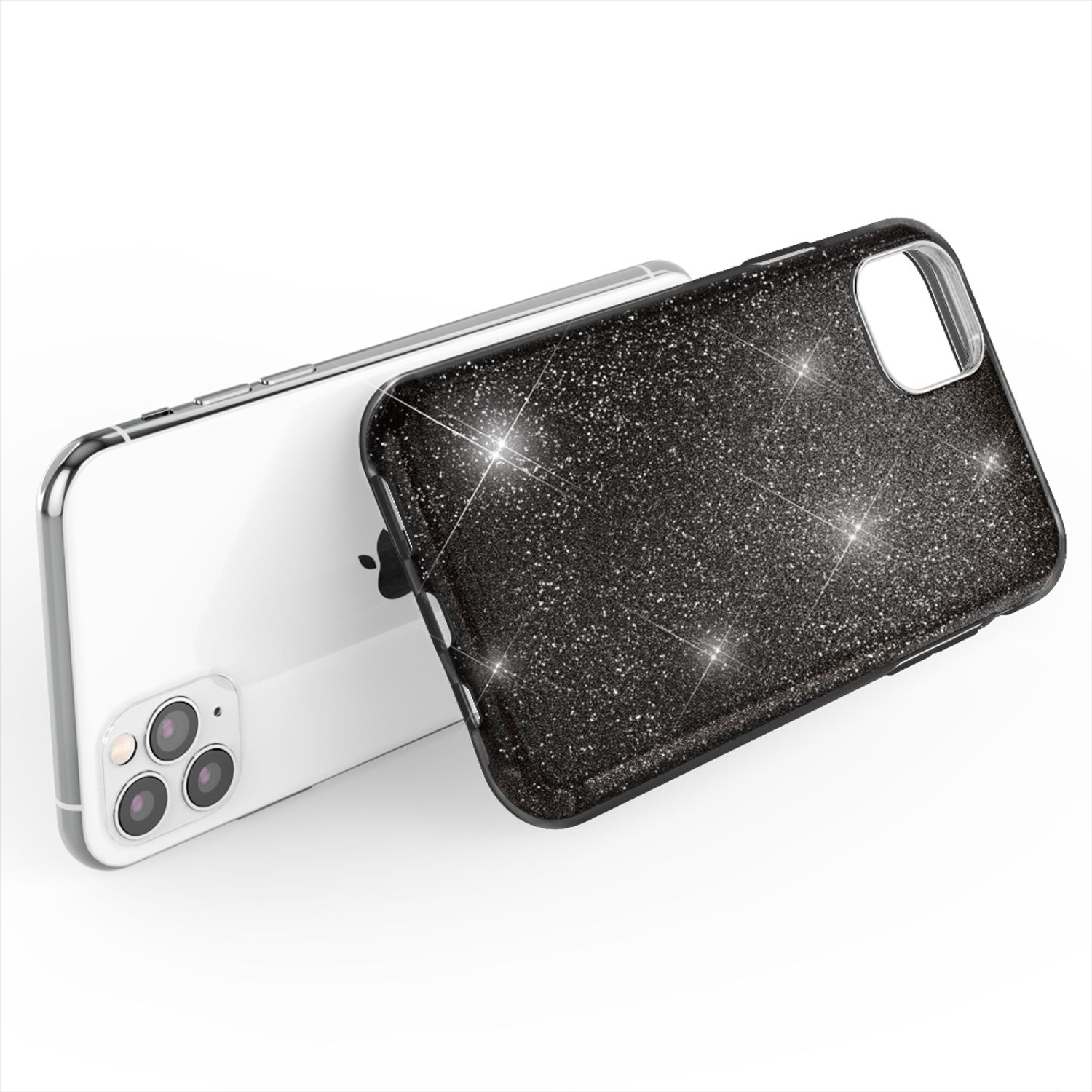Funda de teléfono negra con purpurina y teléfono blanco. Funda a la derecha, mostrando la parte trasera, teléfono a la izquierda.