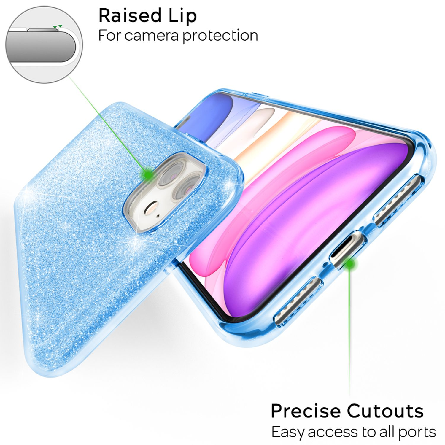 Un teléfono y una funda. La funda es azul brillante, con anotaciones para la protección de la cámara y el acceso a los puertos.