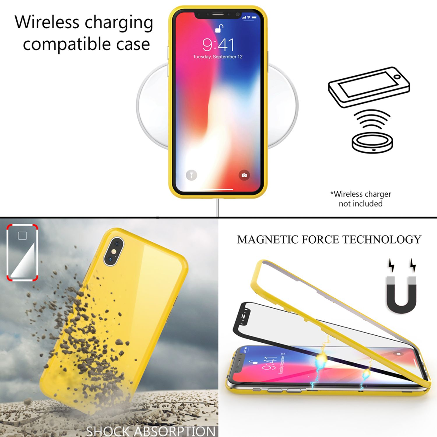 Gelbe, kabellose Ladehülle mit Telefon, Text 'Wireless charging compatible case'.