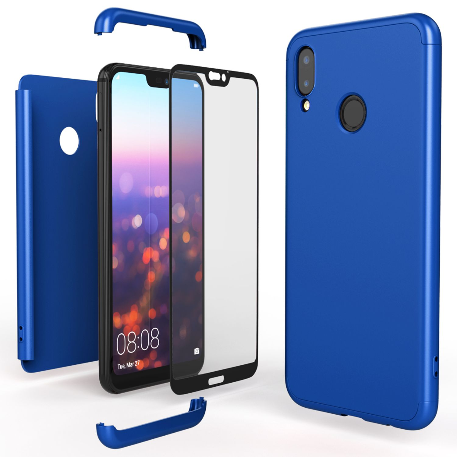 Blaue Handyhülle Teile zerlegt. Telefon und Displayschutz sind sichtbar.