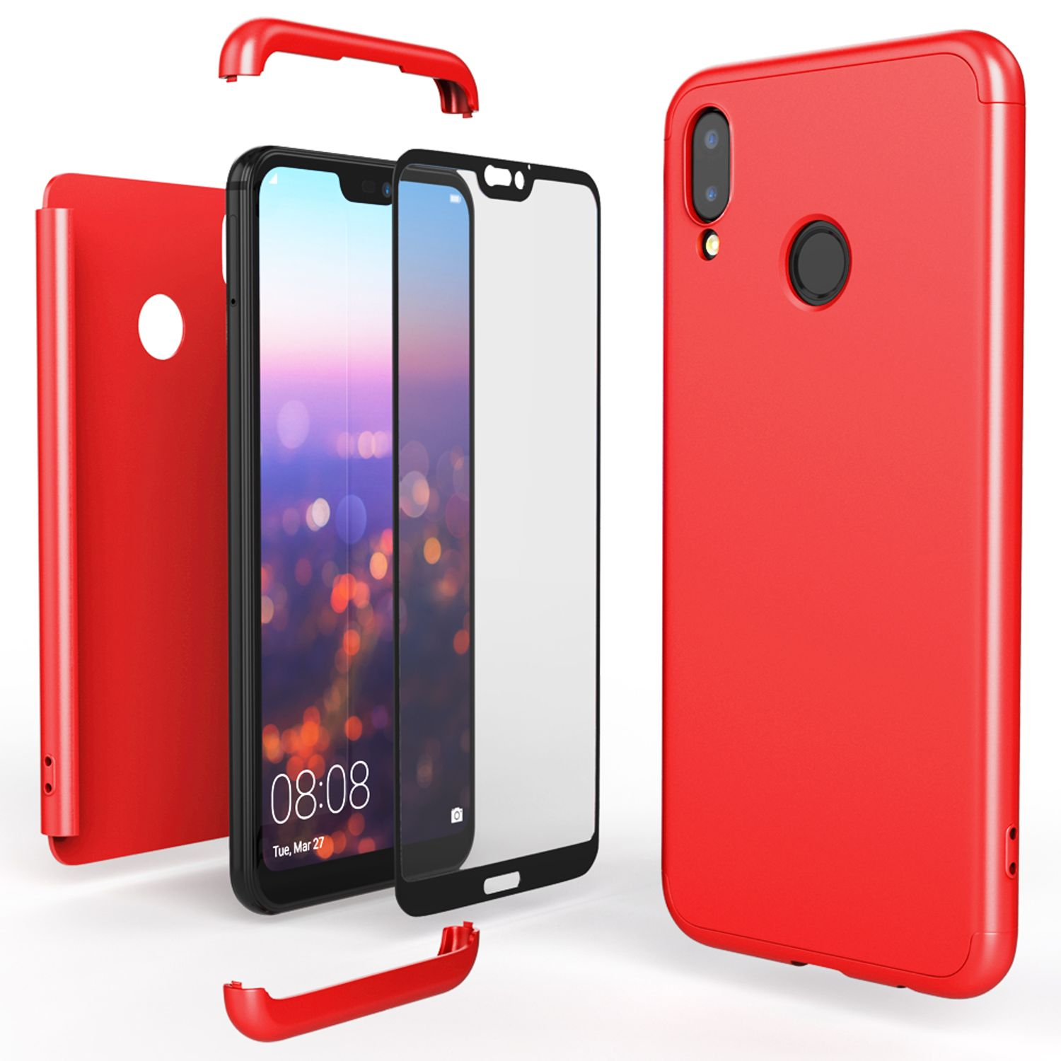 Eine rote Handyhülle, mit getrennten Komponenten. Das Telefon ist in der Mitte sichtbar.